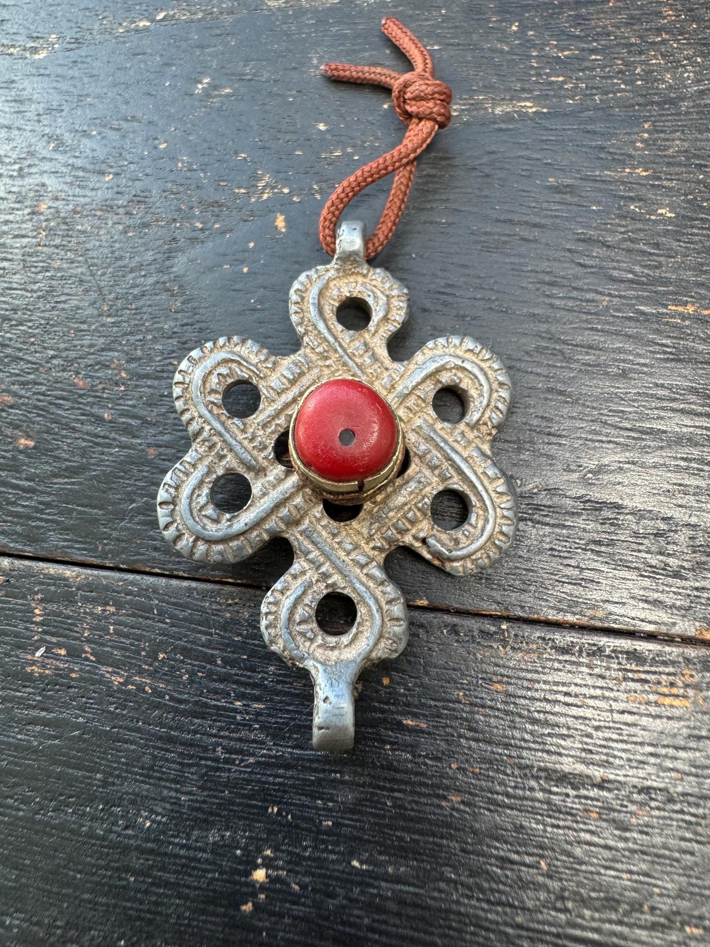Tibetan Endless Knot Pendant White Copper Coral Inlay | Eternal Knot Amulet Hook | Nepalese Buddhist Protection Charm Car Hanging