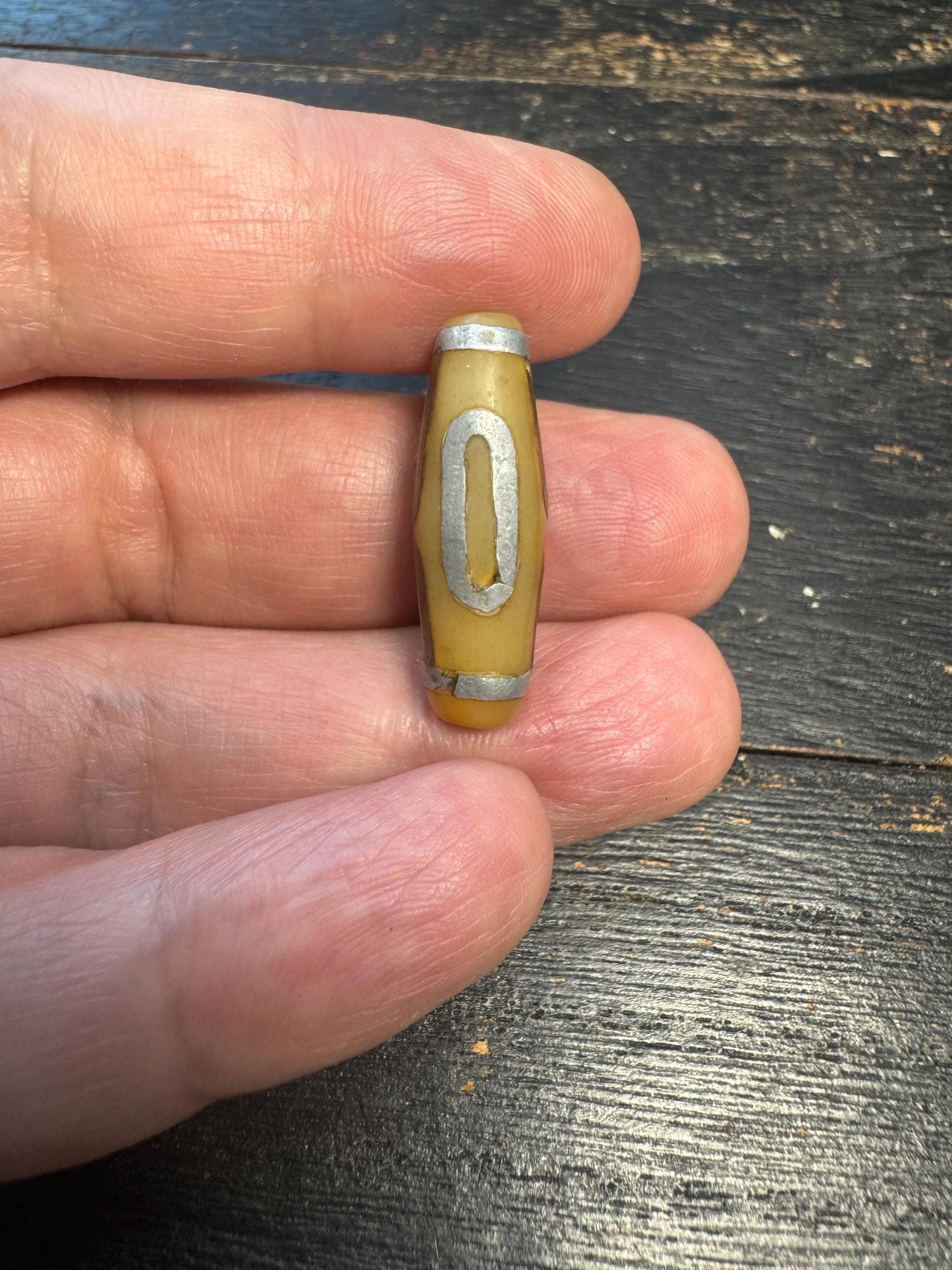 Tibetan Yak Bone Dzi Bead with Metal Inlay | Hand‑Carved Focal Amulet Bead from Nepal | Mala Necklace Pendant Supply
