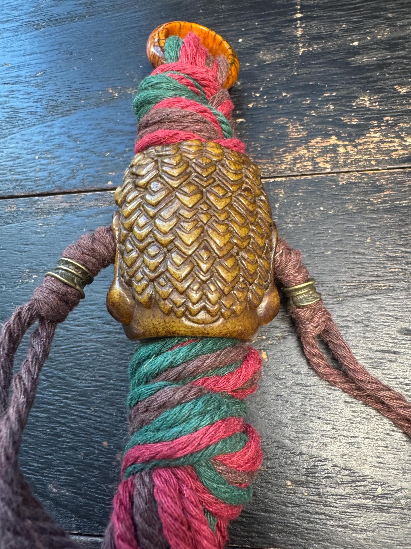 Hand Carved Yak Bone Wrathful Deity Pendant, Tibetan Nepal Protection Talisman, Large Spiritual Amulet with Braided Cord