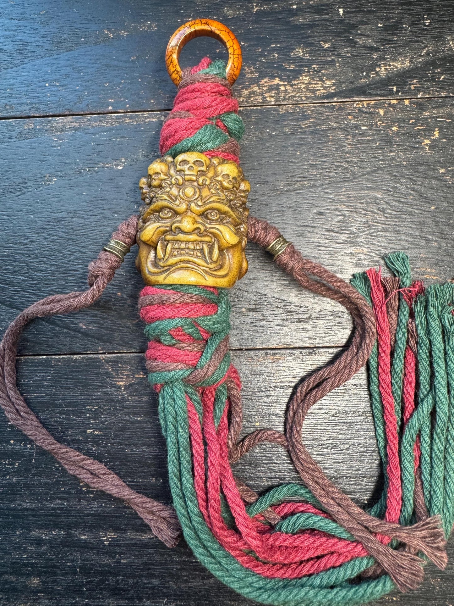 Hand Carved Yak Bone Wrathful Deity Pendant, Tibetan Nepal Protection Talisman, Large Spiritual Amulet with Braided Cord