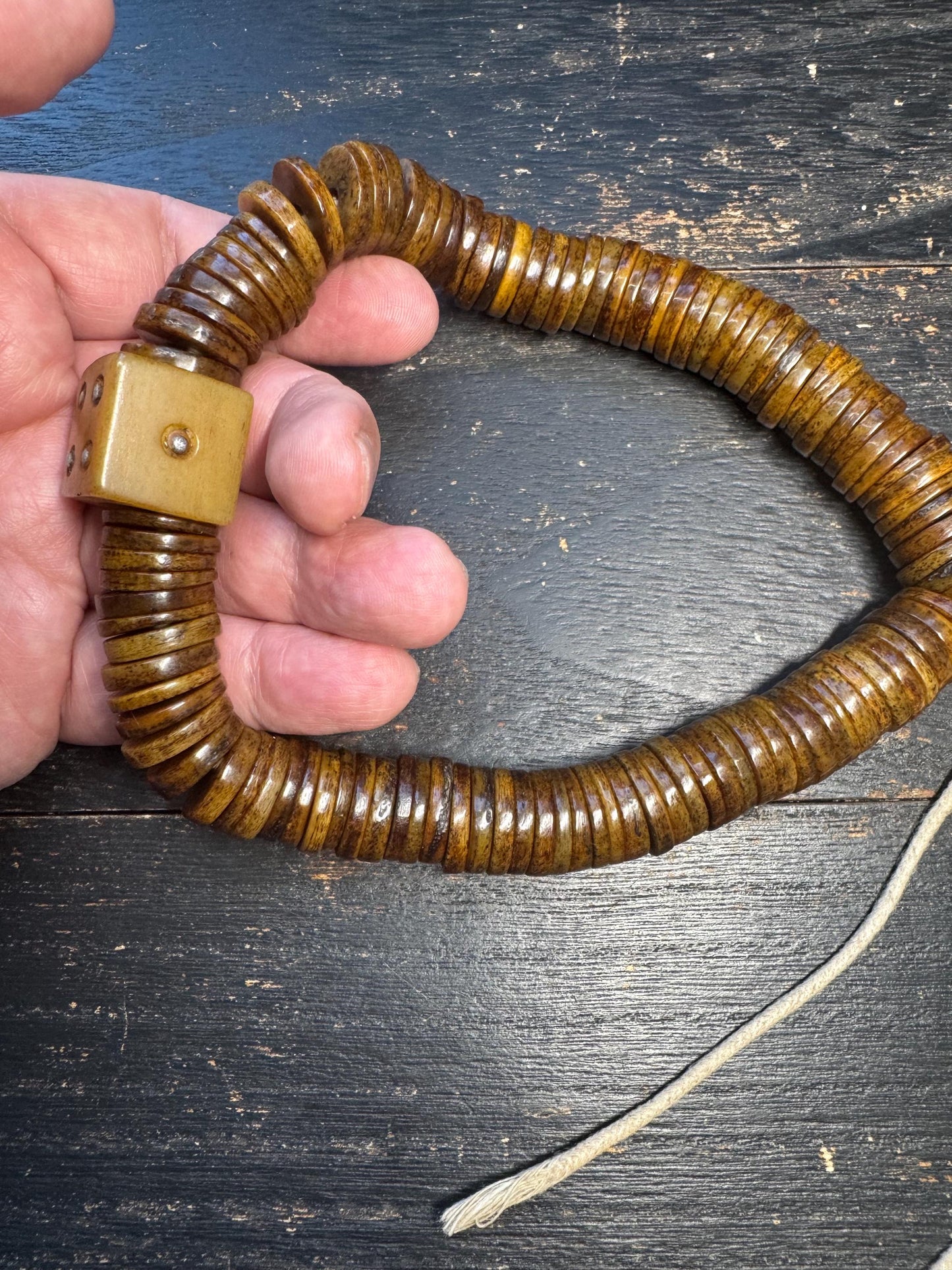 Vintage 108 Yak Bone Disc Mala with Dice Guru Bead, 15–16mm Tibetan Prayer Beads, Handcrafted Brown Yak Bone Hand Mala, Buddhist Meditation