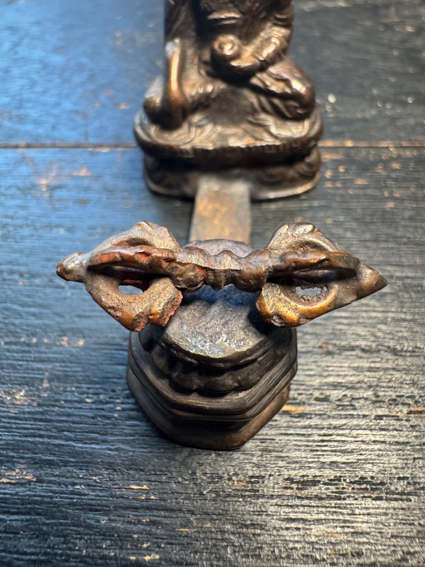 Vintage Tibetan Bronze Medicine Buddha Plaque with Double Vajra Base - Healing Amulet Altar Piece