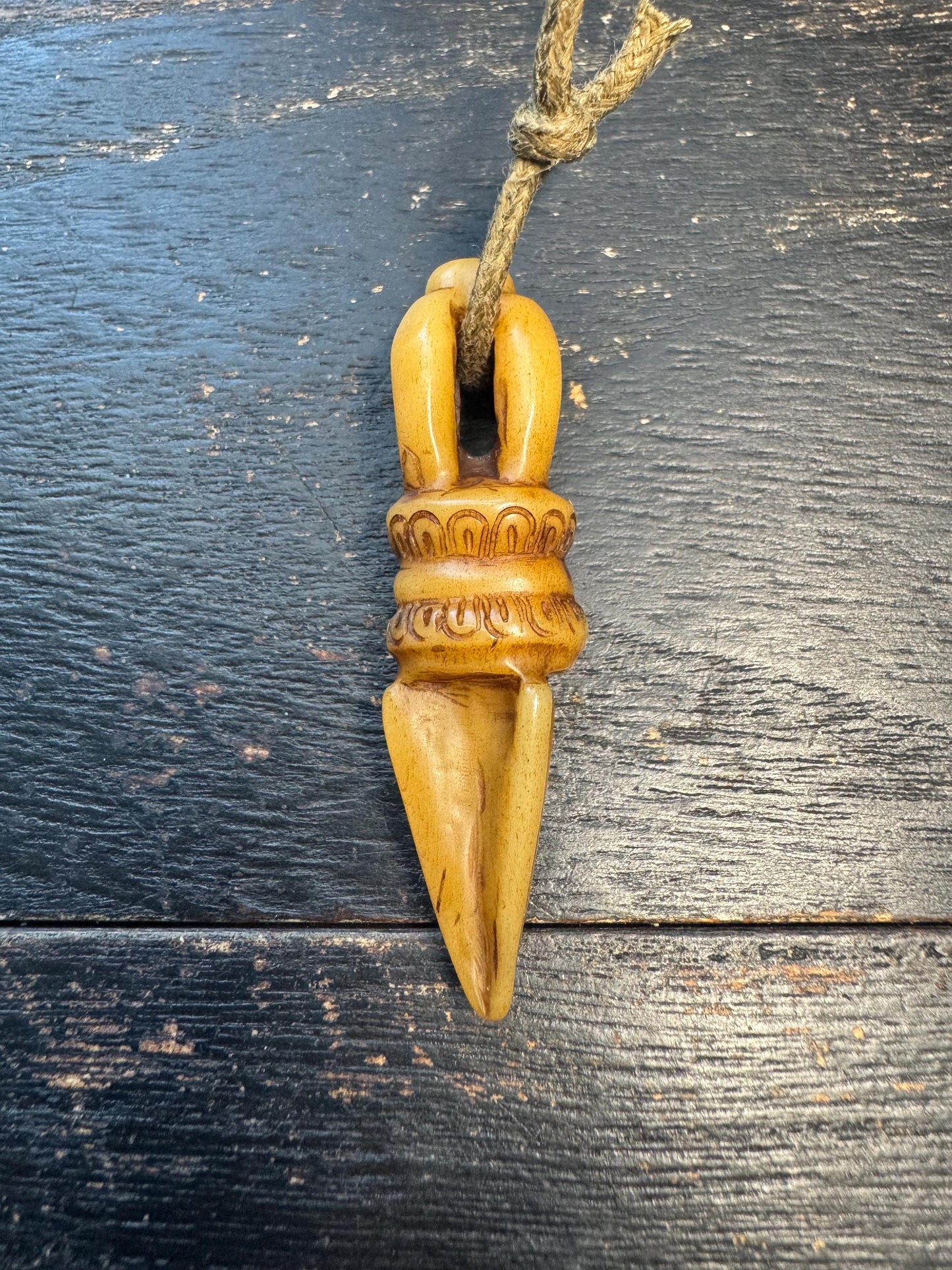 Hand-Carved Tibetan Yak Bone Phurba Dagger Pendant - Vajrakilaya Protection Amulet with Triple-Prong Base