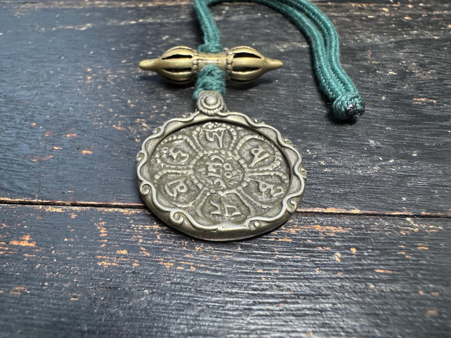 Tibetan White Copper Six Syllable Mantra Pendant – Om Mani Padme Hum Amulet with Dorje, Protective Prayer Necklace
