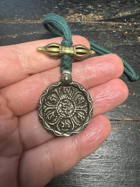 Tibetan White Copper Six Syllable Mantra Pendant – Om Mani Padme Hum Amulet with Dorje, Protective Prayer Necklace