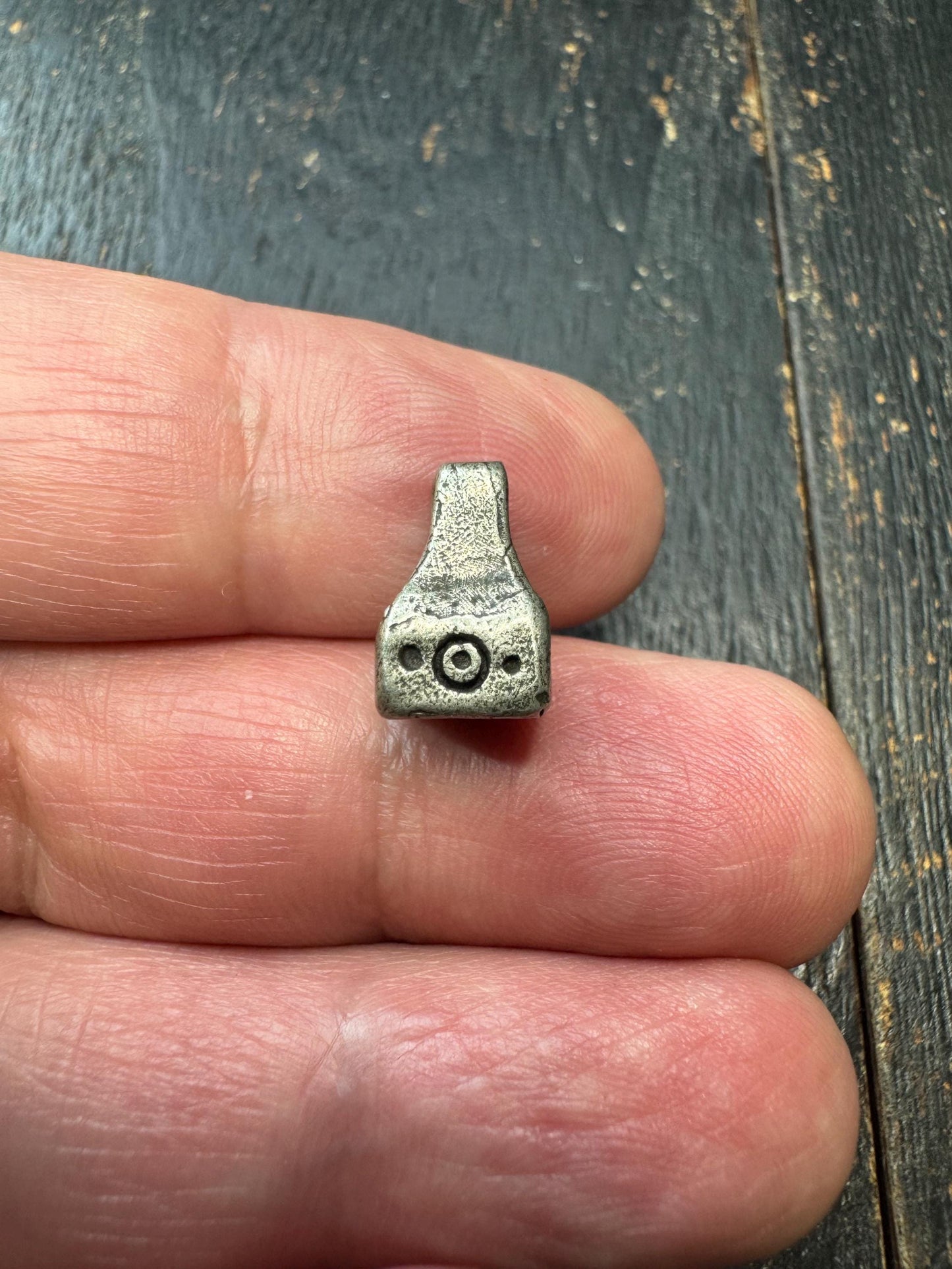 Miniature Tibetan White Brass Mantra Dot Charm, Ritual Stamp Bead