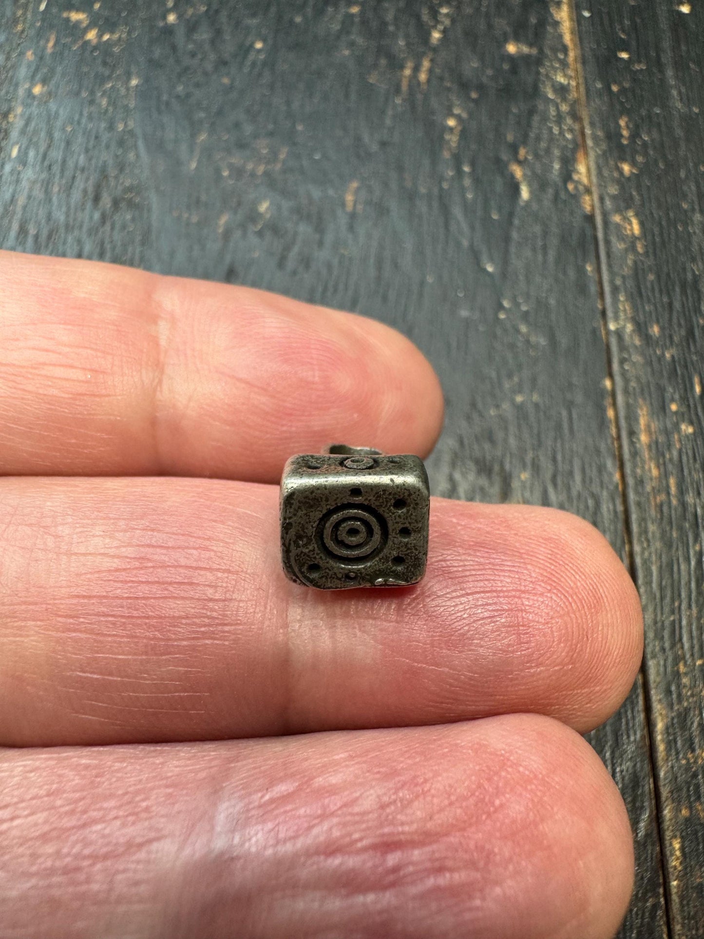 Miniature Tibetan White Brass Mantra Dot Charm, Ritual Stamp Bead