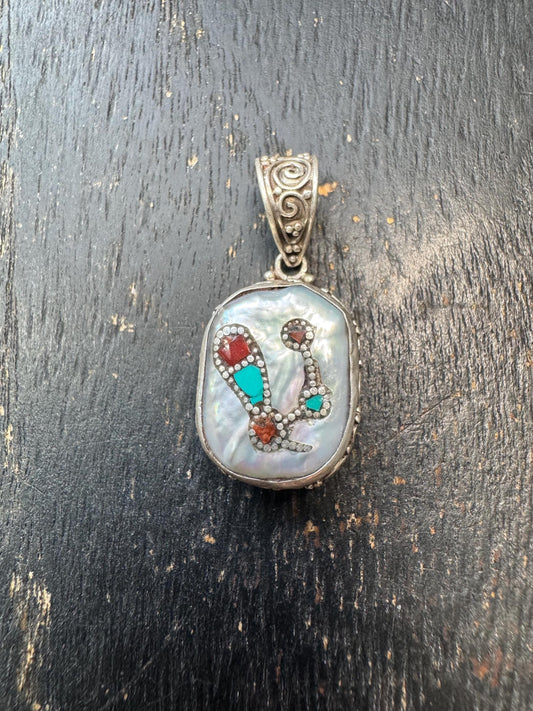 Sterling Silver Mother of Pearl Pendant with Turquoise & Coral Inlay – Vintage Tibetan Style Tribal Statement Necklace Charm