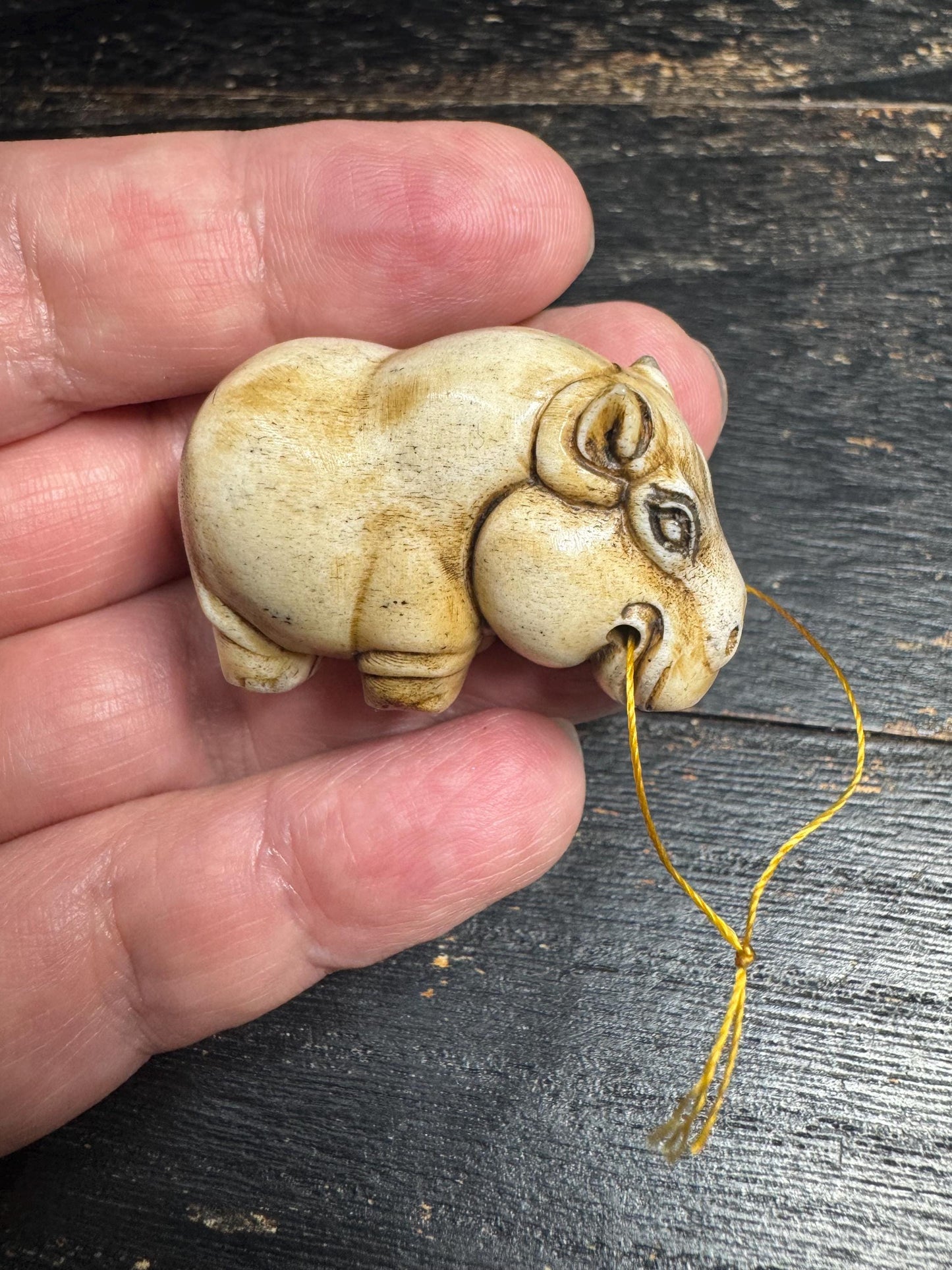Hand Carved Deer Antler Hippo Netsuke Figurine, Miniature Hippopotamus Talisman, Natural Stag Antler Carving, Pocket Animal Sculpture