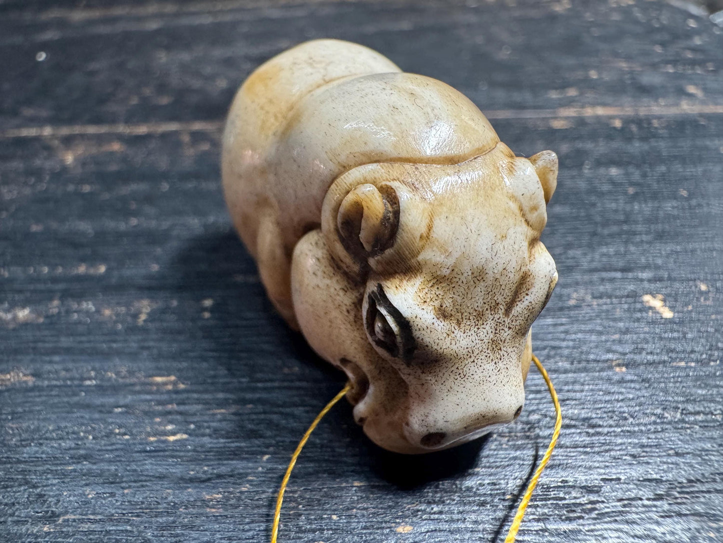Hand Carved Deer Antler Hippo Netsuke Figurine, Miniature Hippopotamus Talisman, Natural Stag Antler Carving, Pocket Animal Sculpture