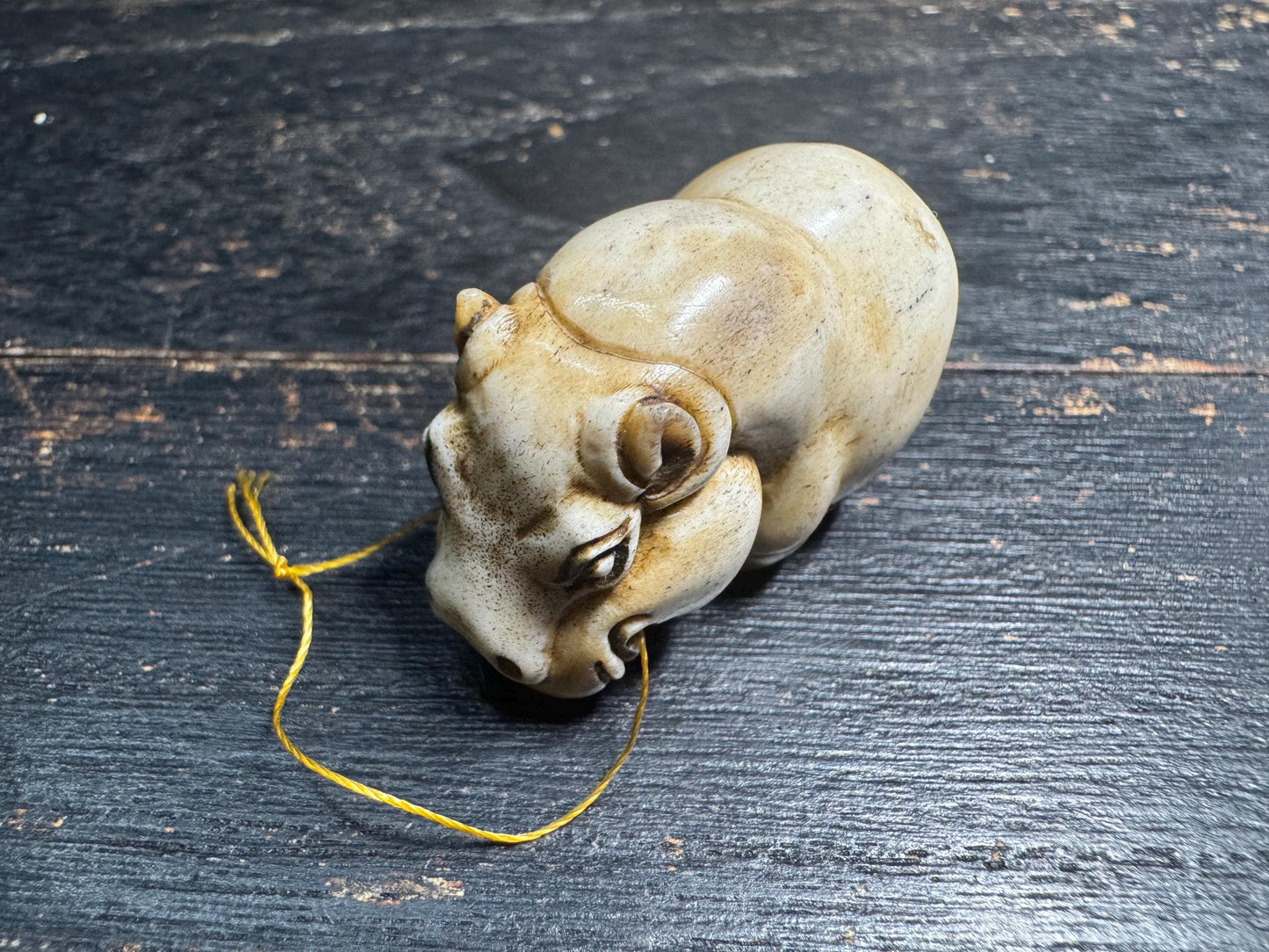 Hand Carved Deer Antler Hippo Netsuke Figurine, Miniature Hippopotamus Talisman, Natural Stag Antler Carving, Pocket Animal Sculpture
