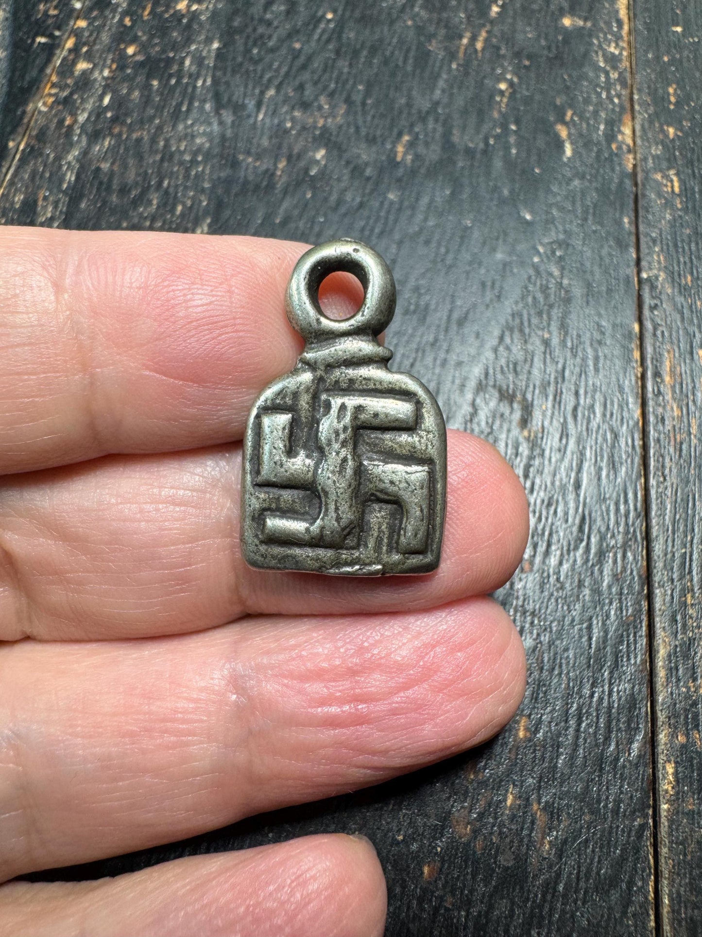Tibetan Eight Auspicious Symbol Amulet Pendant White Brass – Buddhist Swastika Manji Back – Protection Talisman Himalayan Charm