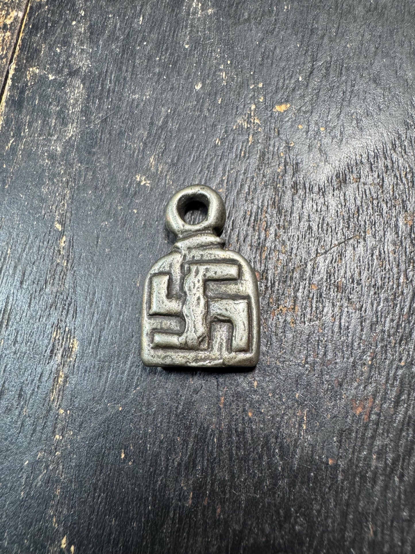 Tibetan Eight Auspicious Symbol Amulet Pendant White Brass – Buddhist Swastika Manji Back – Protection Talisman Himalayan Charm