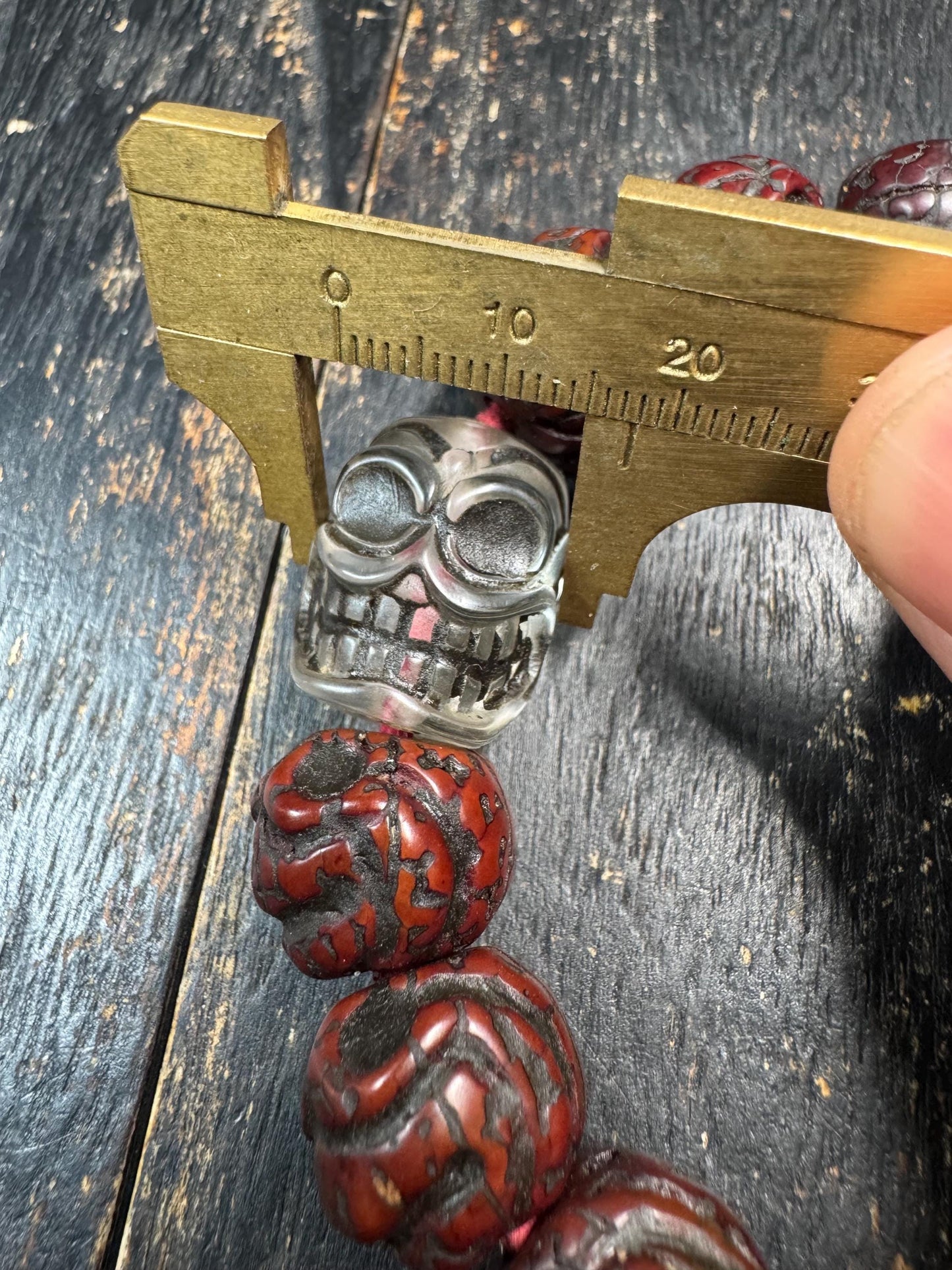 Carved Bodhi Seed Skull Bracelet – Tibetan Chitipati Style Beads with Glass Skull & Green Guru Bead – Tantric Protection Bracelet