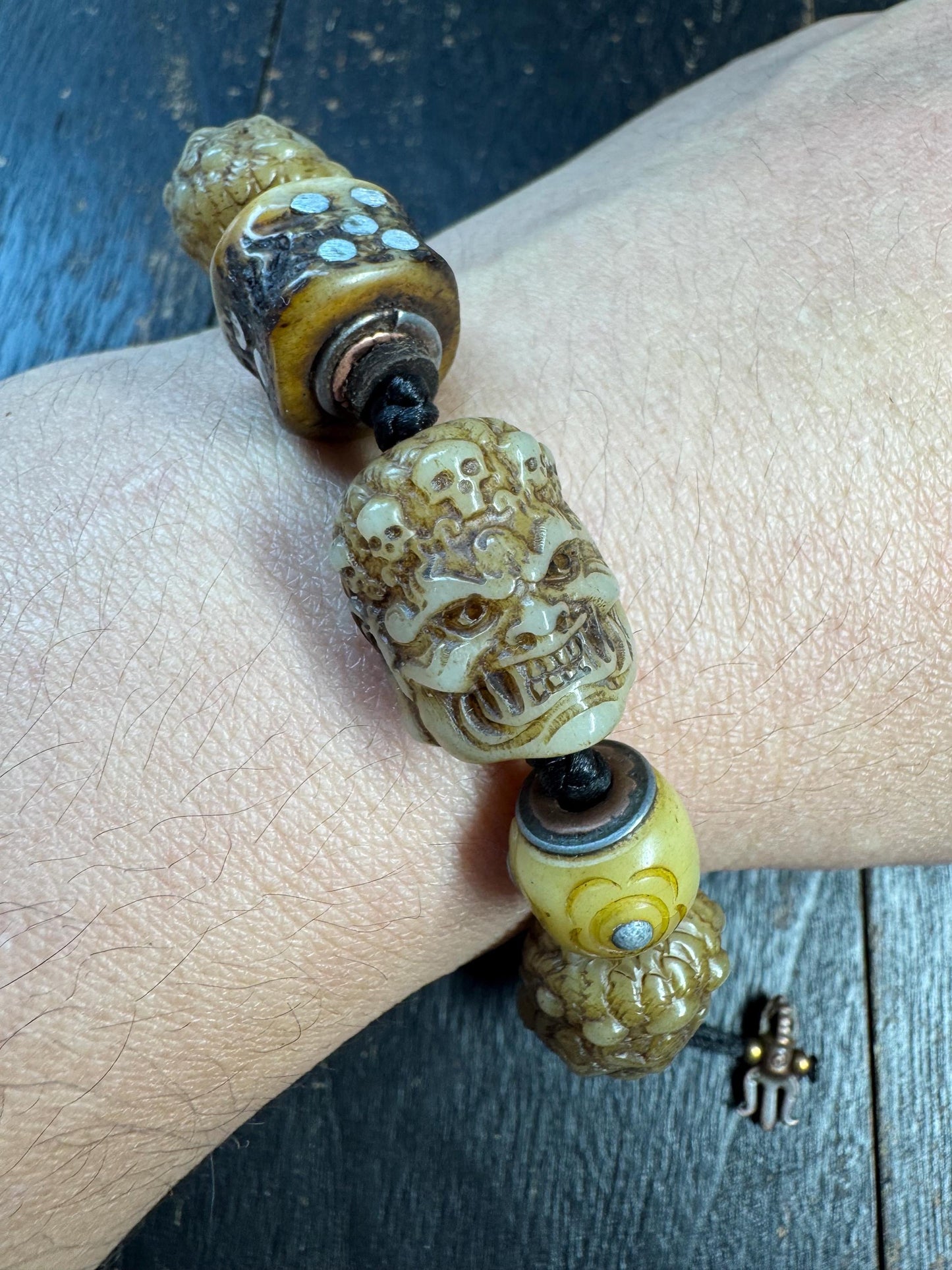 Tibetan Yak Bone Mahakala Bracelet, Hand Carved Wrathful Deity Skull Bracelet, Himalayan Buddhist Protection Amulet, Tantric Bone Bead Brace