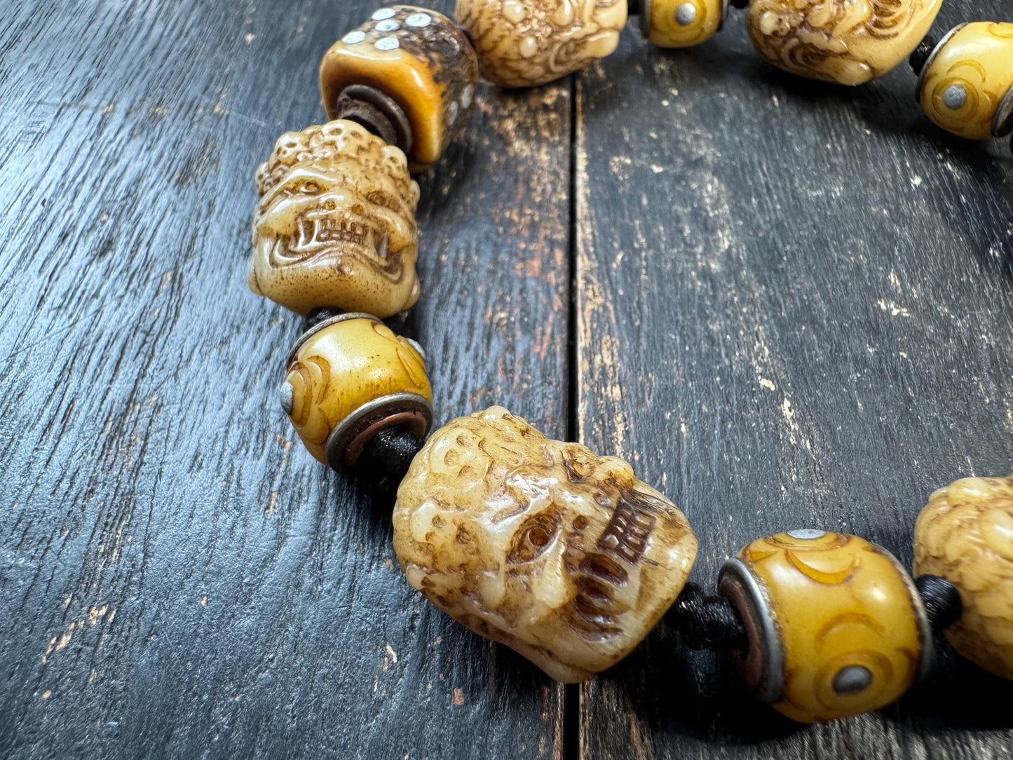 Tibetan Yak Bone Mahakala Bracelet, Hand Carved Wrathful Deity Skull Bracelet, Himalayan Buddhist Protection Amulet, Tantric Bone Bead Brace