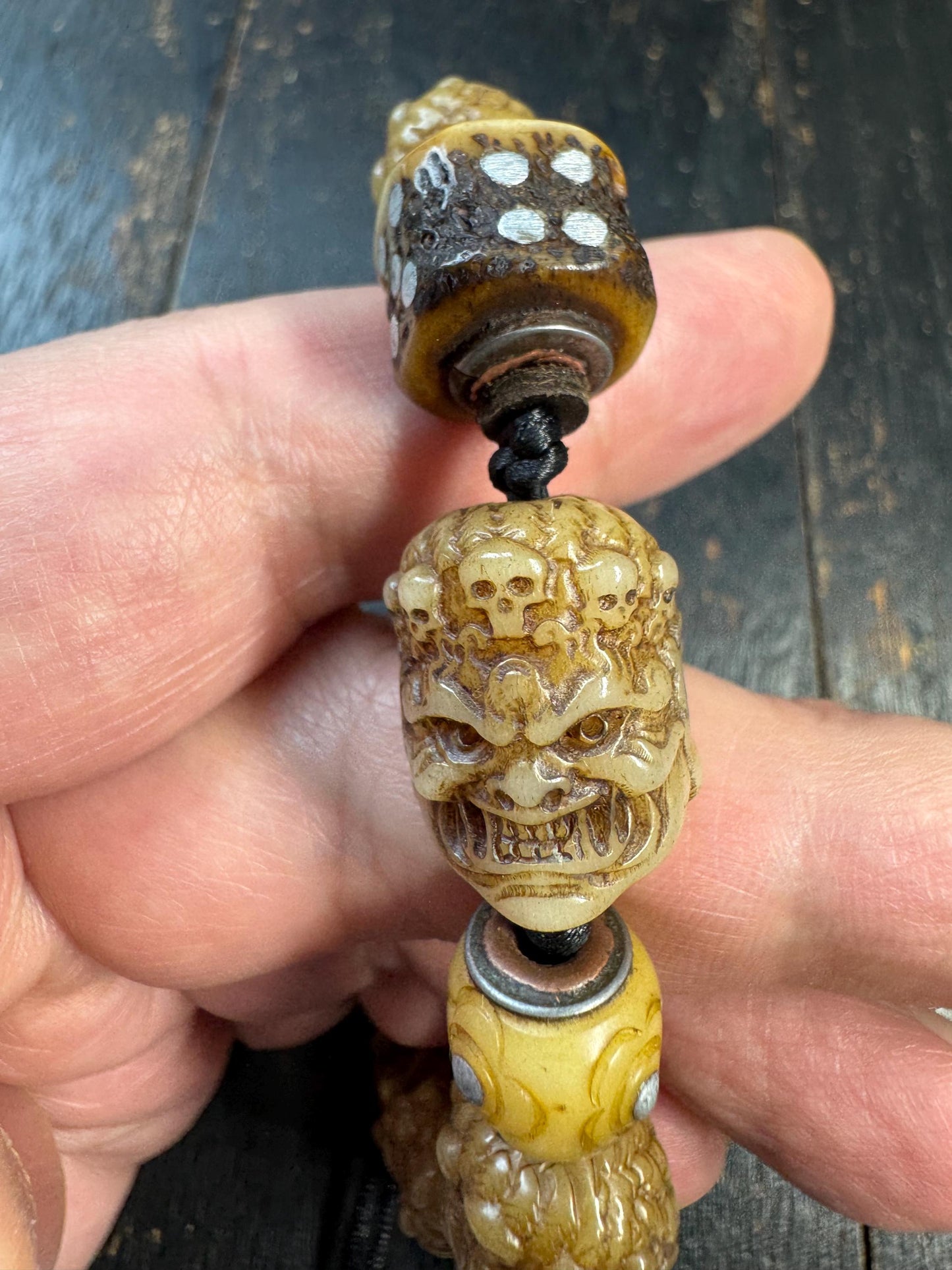 Tibetan Yak Bone Mahakala Bracelet, Hand Carved Wrathful Deity Skull Bracelet, Himalayan Buddhist Protection Amulet, Tantric Bone Bead Brace
