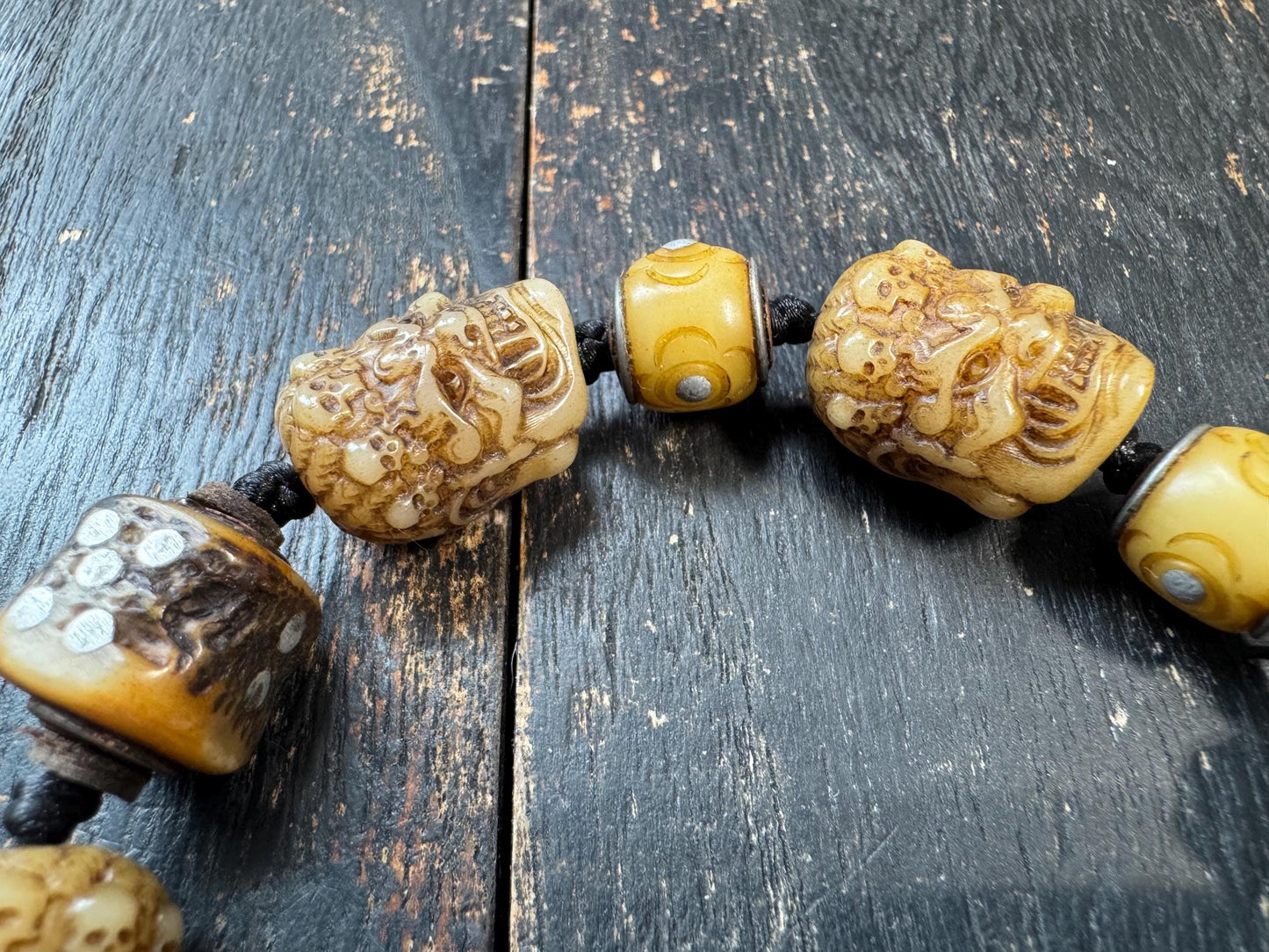 Tibetan Yak Bone Mahakala Bracelet, Hand Carved Wrathful Deity Skull Bracelet, Himalayan Buddhist Protection Amulet, Tantric Bone Bead Brace