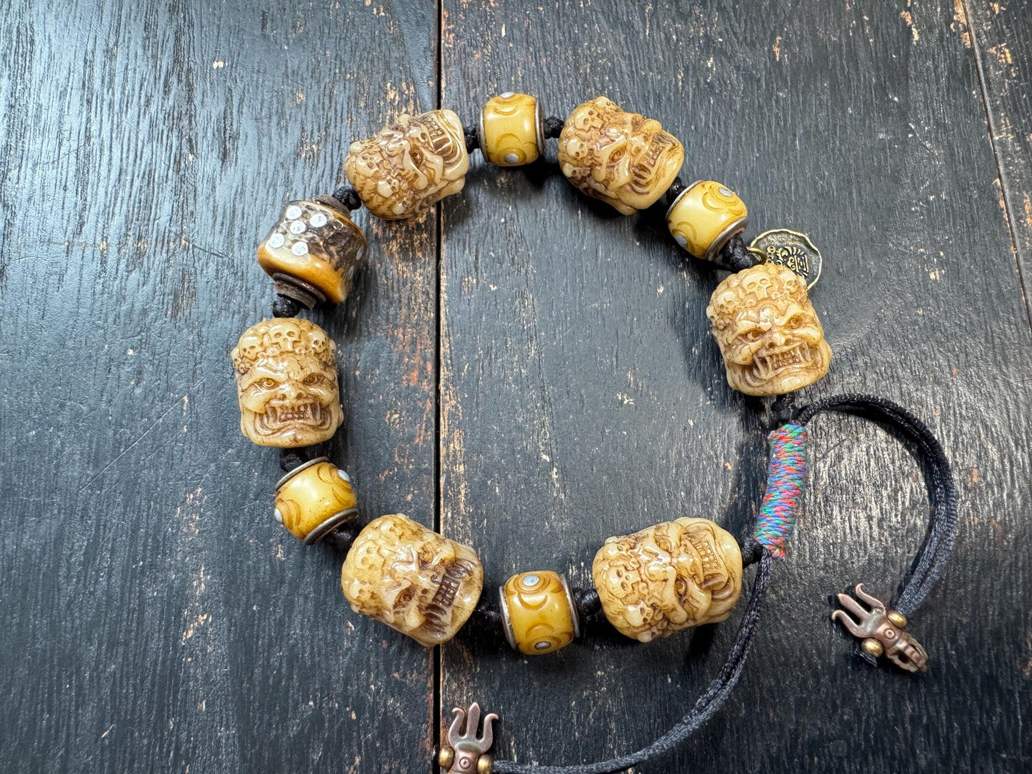 Tibetan Yak Bone Mahakala Bracelet, Hand Carved Wrathful Deity Skull Bracelet, Himalayan Buddhist Protection Amulet, Tantric Bone Bead Brace
