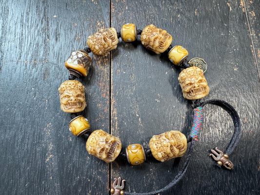 Tibetan Yak Bone Mahakala Bracelet, Hand Carved Wrathful Deity Skull Bracelet, Himalayan Buddhist Protection Amulet, Tantric Bone Bead Brace