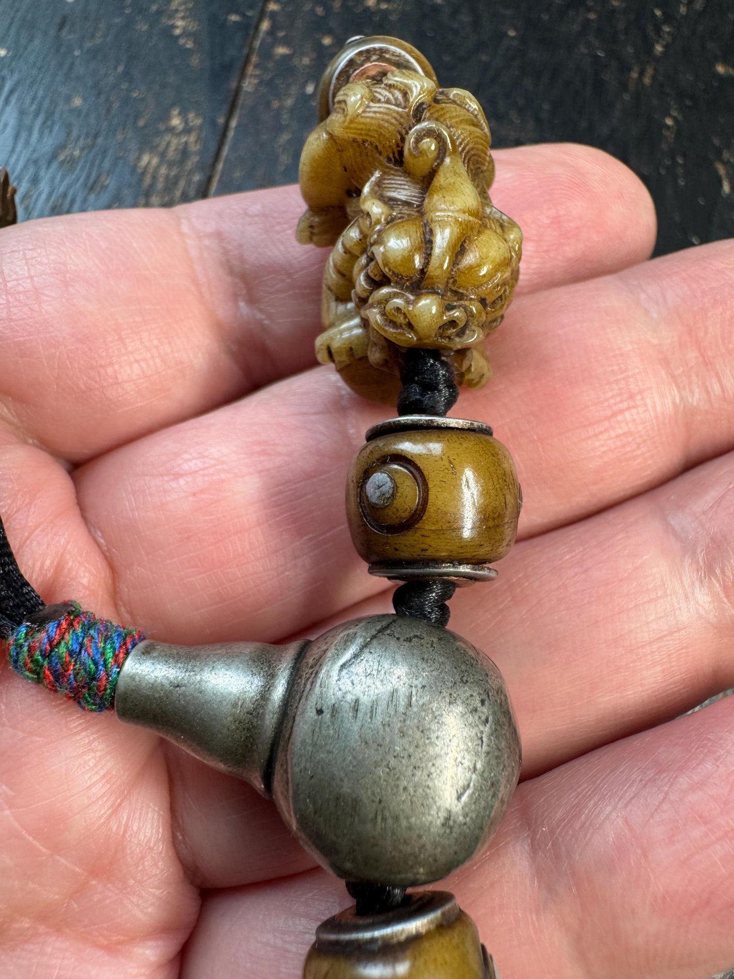 Tibetan Yak Bone Pixiu Bracelet with Brass Guru Bead, Hand Carved Fu Dog Wealth Talisman Bracelet, Tibetan Bone Bead Bracelet with Mantra Sp