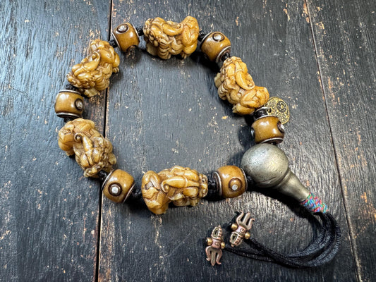 Tibetan Yak Bone Pixiu Bracelet with Brass Guru Bead, Hand Carved Fu Dog Wealth Talisman Bracelet, Tibetan Bone Bead Bracelet with Mantra Sp