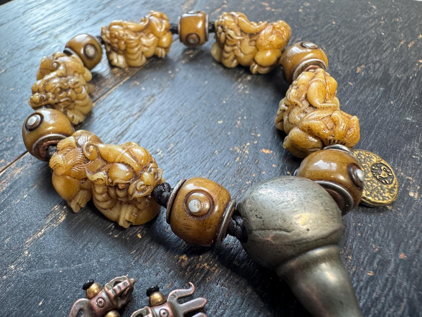 Tibetan Yak Bone Pixiu Bracelet with Brass Guru Bead, Hand Carved Fu Dog Wealth Talisman Bracelet, Tibetan Bone Bead Bracelet with Mantra Sp