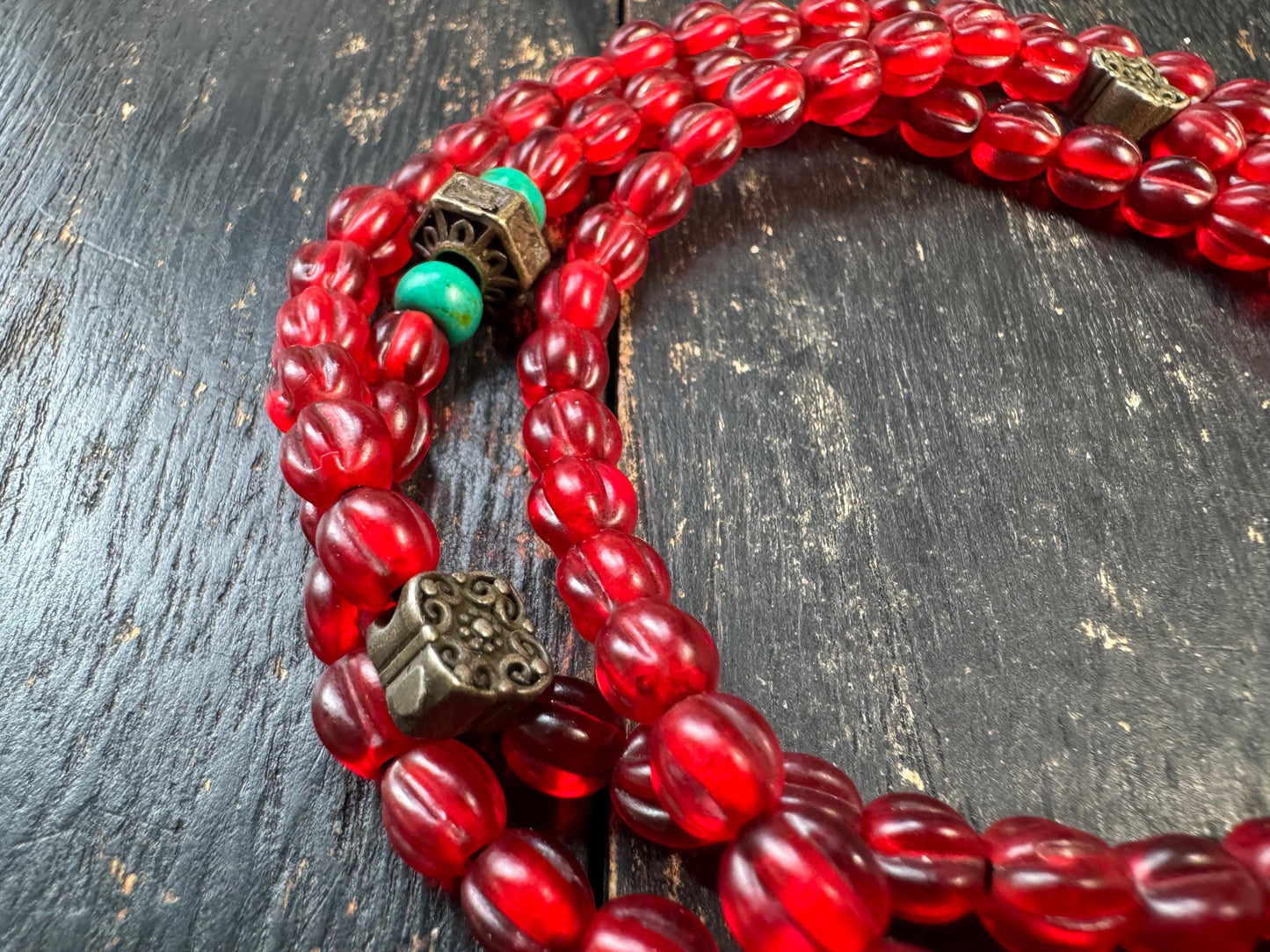 108 Bead Red Glass Mala Necklace | Vintage Tibetan Style Prayer Beads with Brass Accents & Guru Bead | Buddhist Meditation Mala | Statement