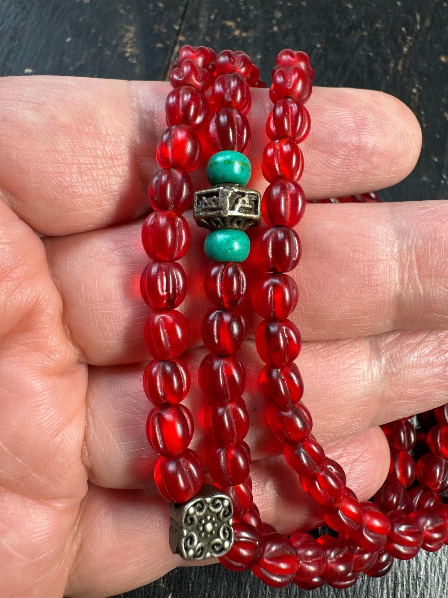 108 Bead Red Glass Mala Necklace | Vintage Tibetan Style Prayer Beads with Brass Accents & Guru Bead | Buddhist Meditation Mala | Statement