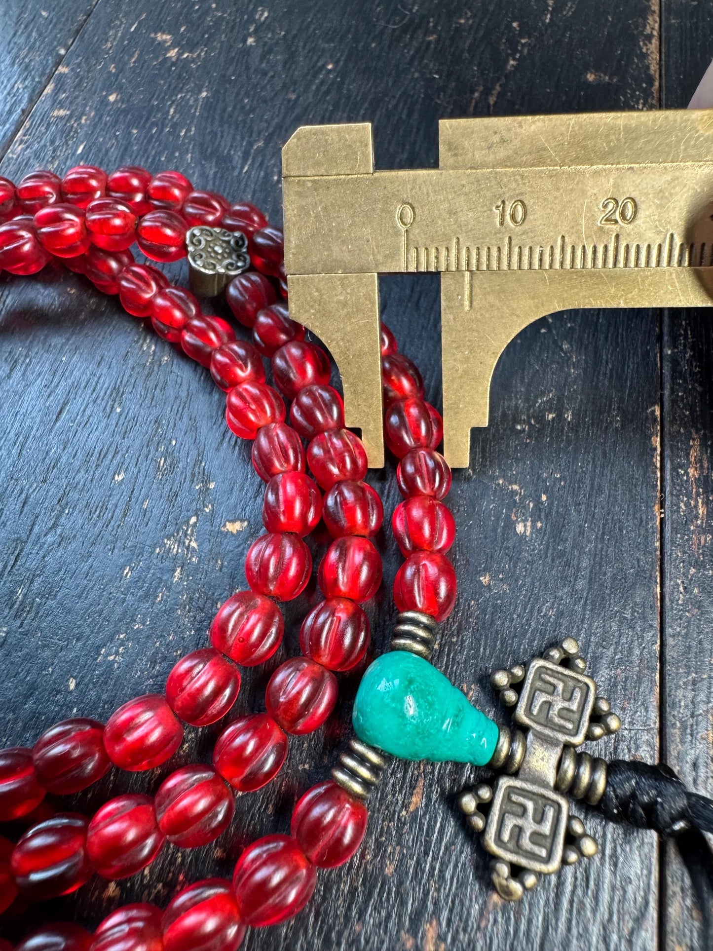 108 Bead Red Glass Mala Necklace | Vintage Tibetan Style Prayer Beads with Brass Accents & Guru Bead | Buddhist Meditation Mala | Statement