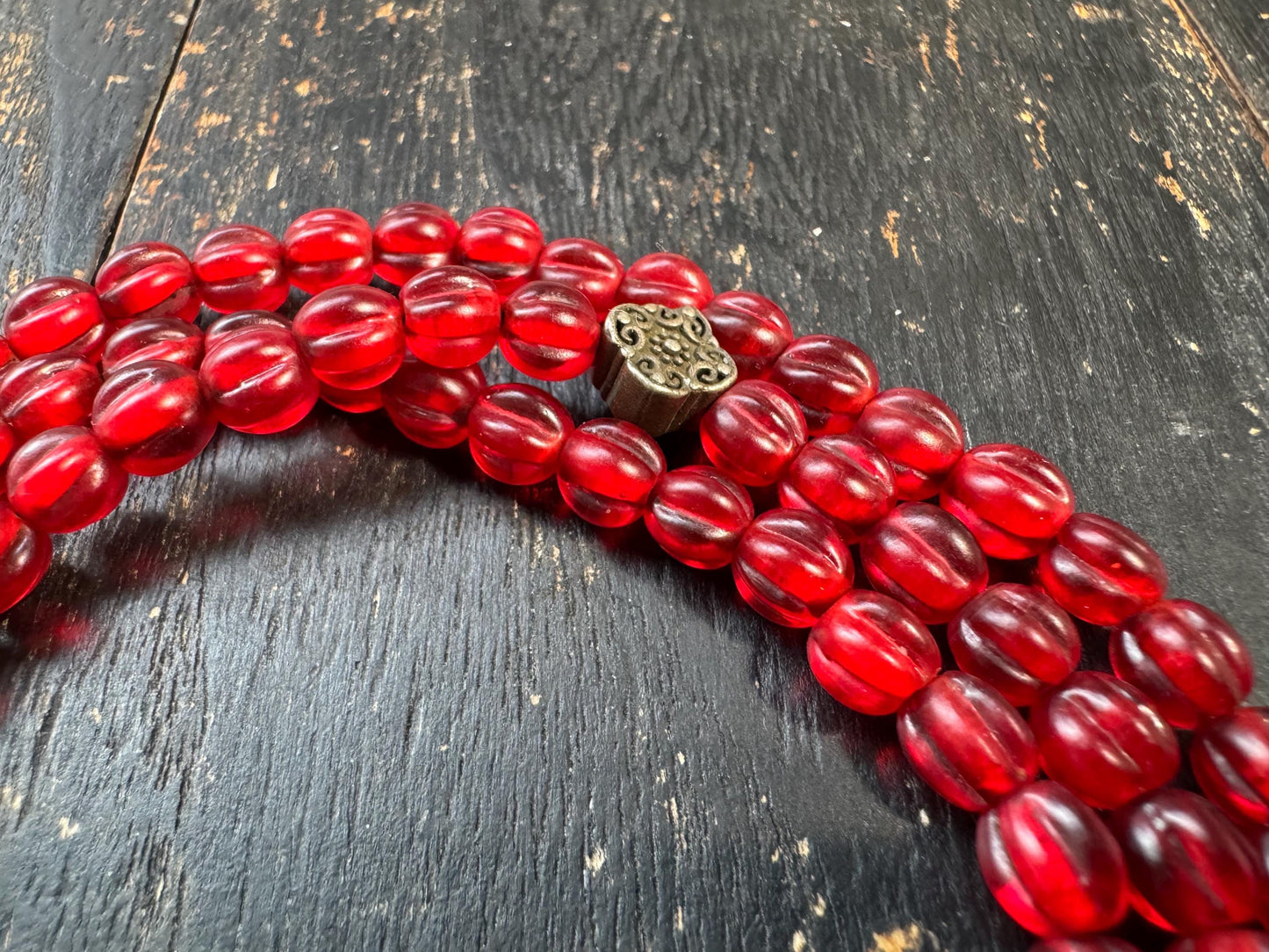 108 Bead Red Glass Mala Necklace | Vintage Tibetan Style Prayer Beads with Brass Accents & Guru Bead | Buddhist Meditation Mala | Statement