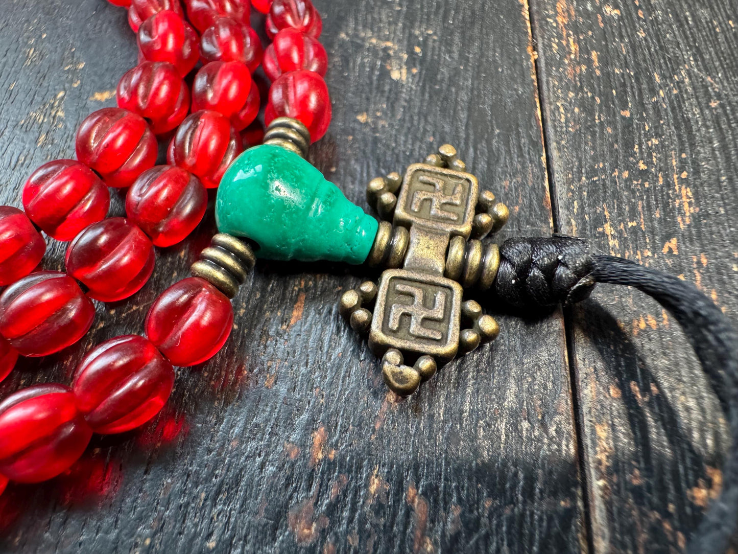108 Bead Red Glass Mala Necklace | Vintage Tibetan Style Prayer Beads with Brass Accents & Guru Bead | Buddhist Meditation Mala | Statement