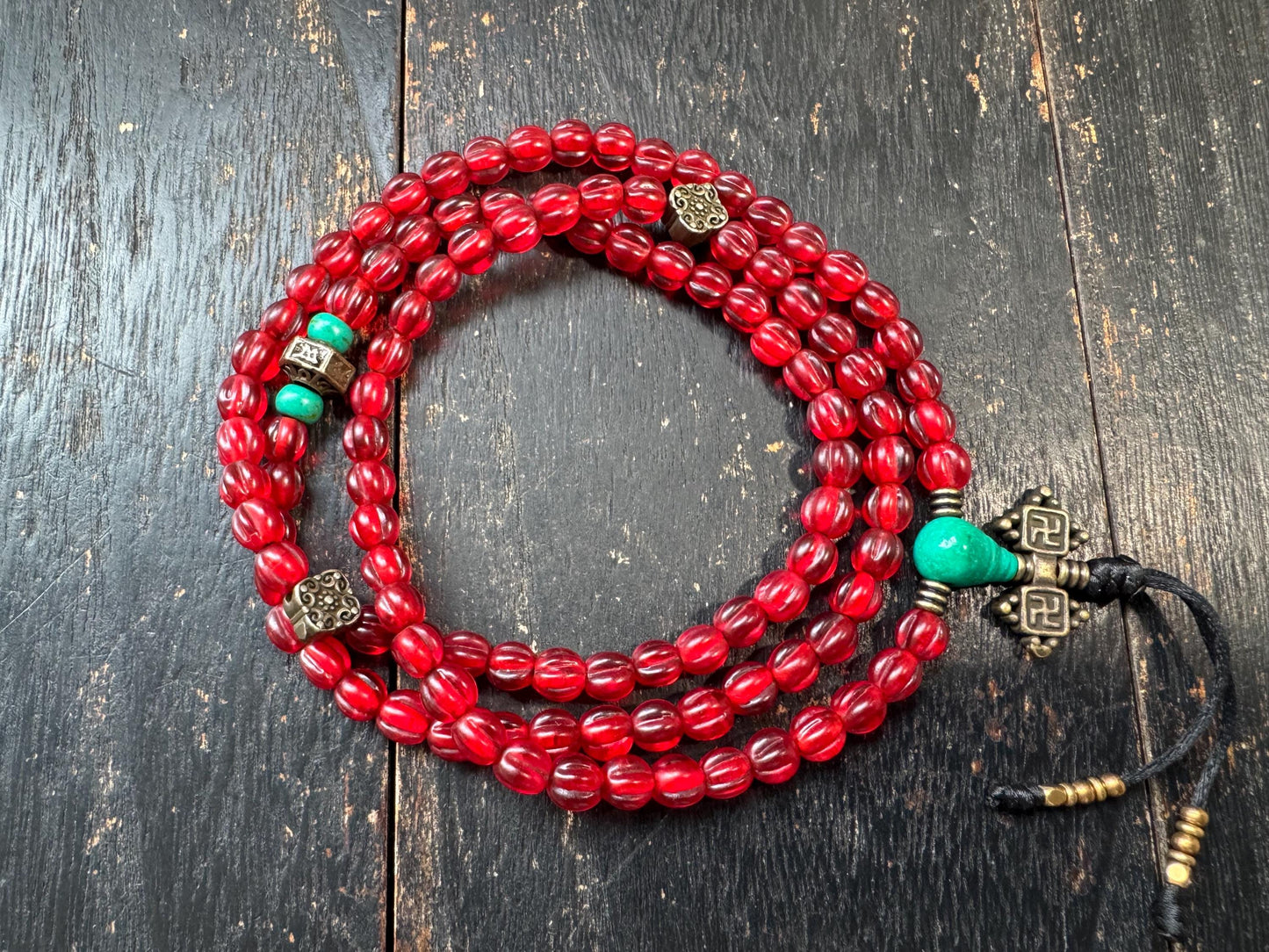 108 Bead Red Glass Mala Necklace | Vintage Tibetan Style Prayer Beads with Brass Accents & Guru Bead | Buddhist Meditation Mala | Statement