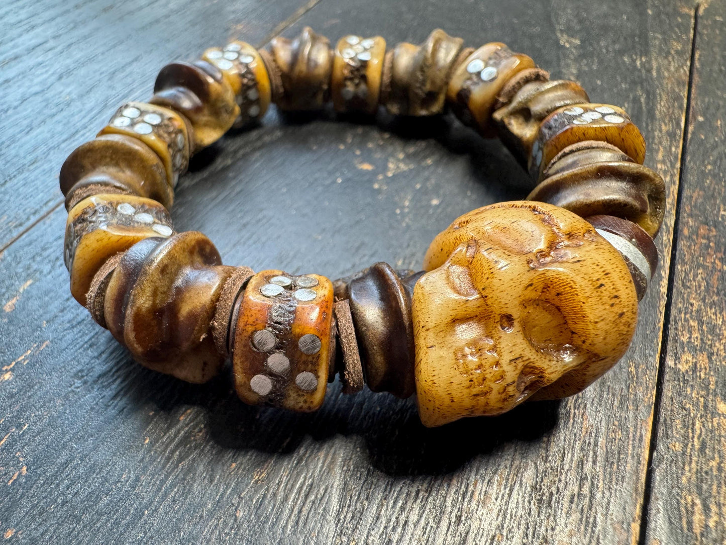 Tibetan Yak Bone Skull Bracelet with Metal Inlay | Chitipati Kapala Bone Bead Bracelet | Himalayan Gothic Buddhist Protection Bracelet