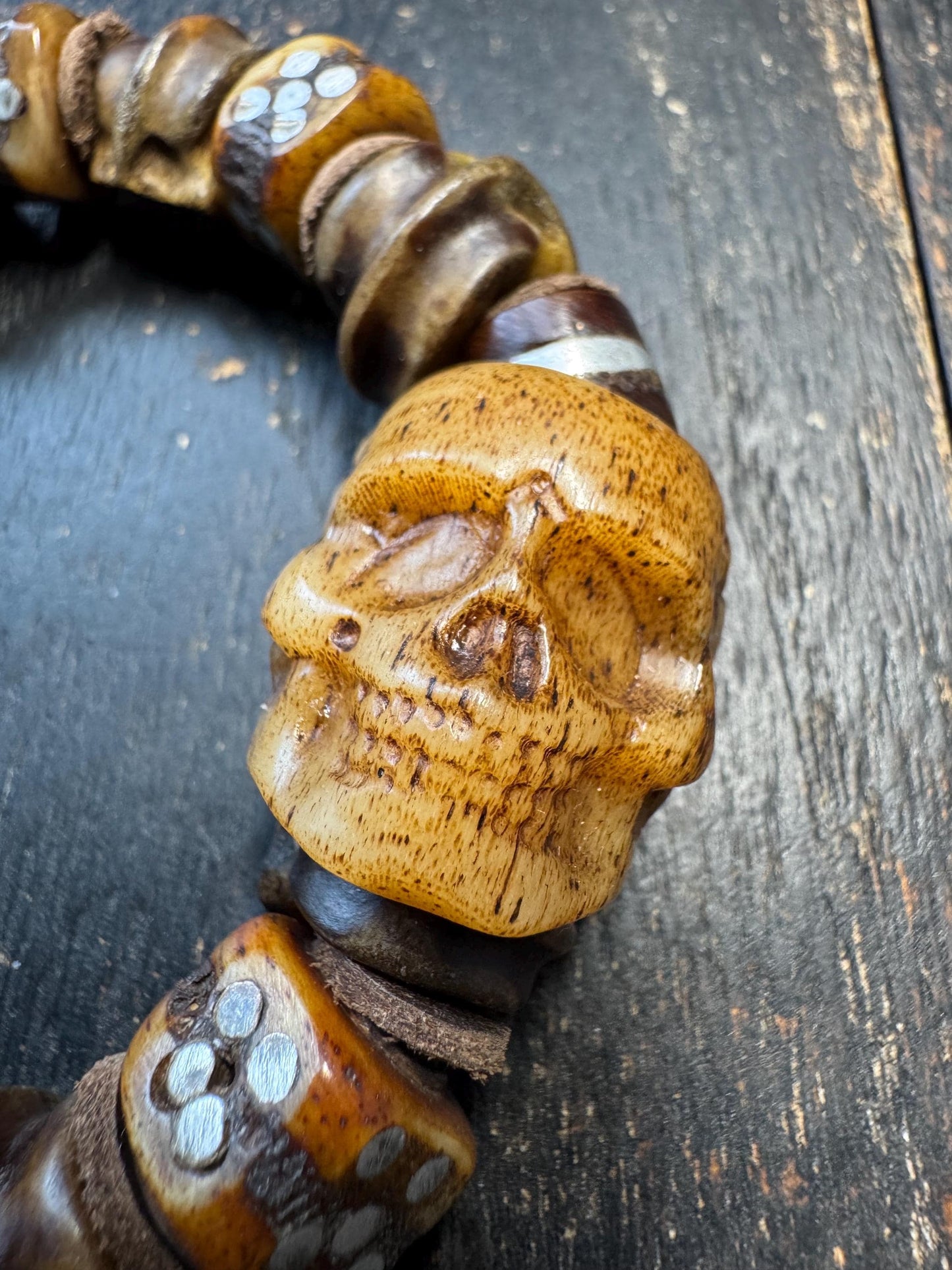 Tibetan Yak Bone Skull Bracelet with Metal Inlay | Chitipati Kapala Bone Bead Bracelet | Himalayan Gothic Buddhist Protection Bracelet