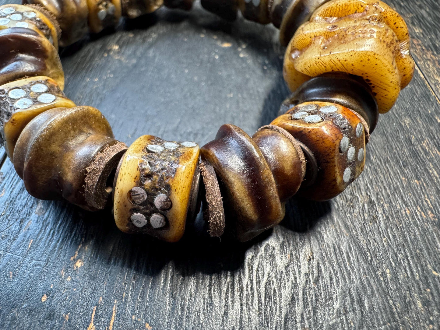 Tibetan Yak Bone Skull Bracelet with Metal Inlay | Chitipati Kapala Bone Bead Bracelet | Himalayan Gothic Buddhist Protection Bracelet