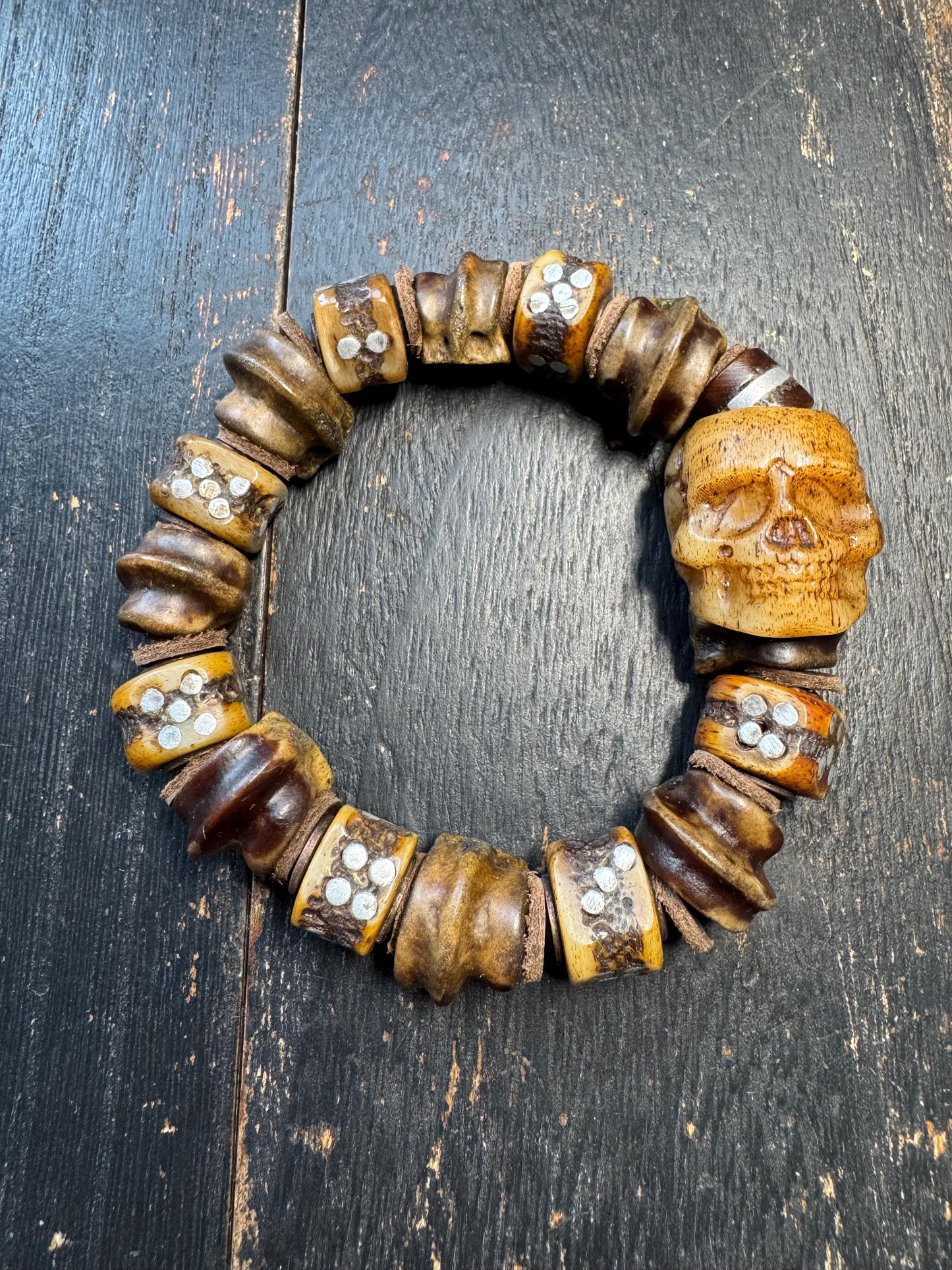 Tibetan Yak Bone Skull Bracelet with Metal Inlay | Chitipati Kapala Bone Bead Bracelet | Himalayan Gothic Buddhist Protection Bracelet