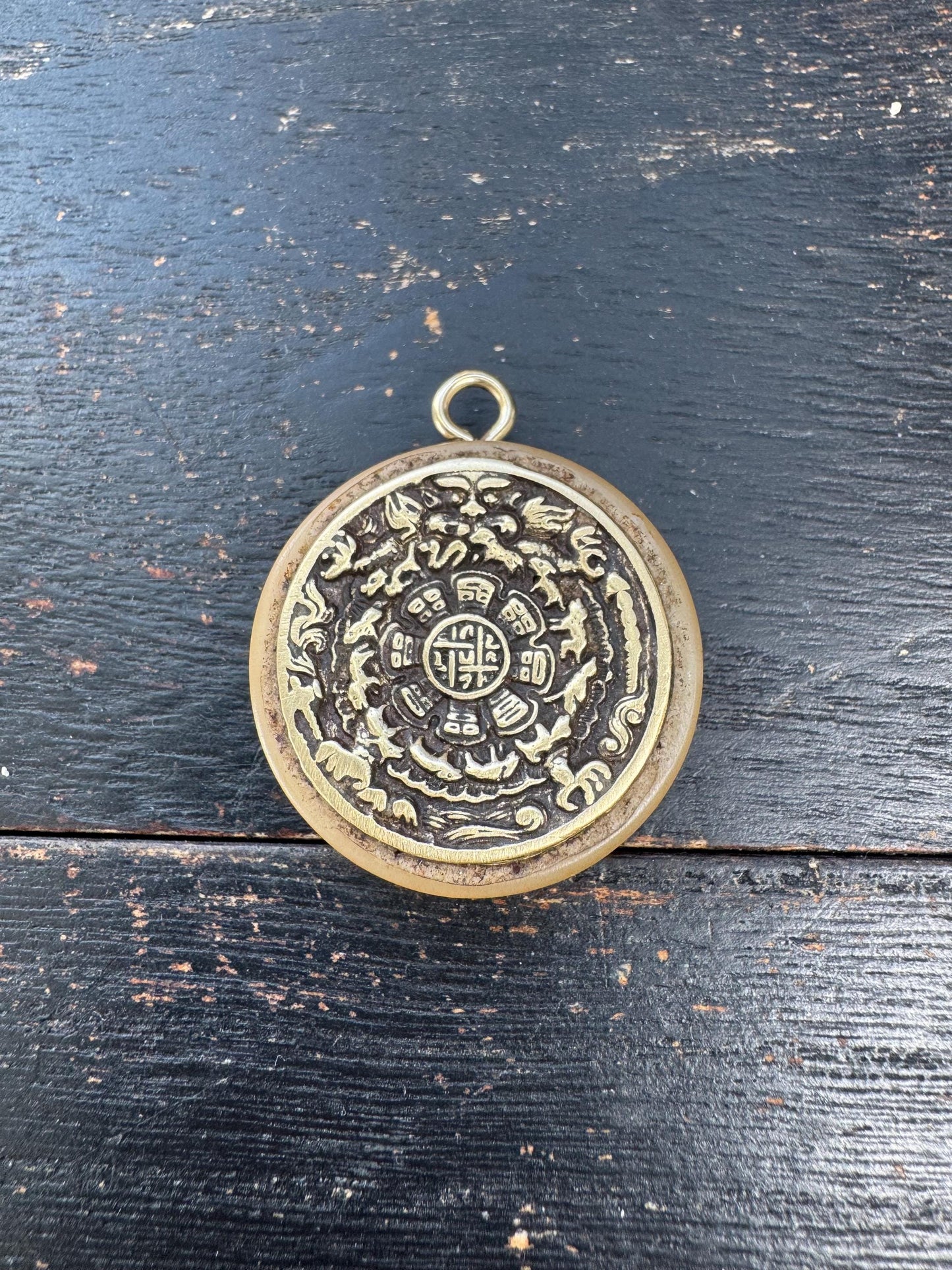 Tibetan Nine Palace Eight Trigrams Pendant, Brass Jiugong Bagua Amulet, Yak Bone Inlay Talisman, Protection Feng Shui Charm