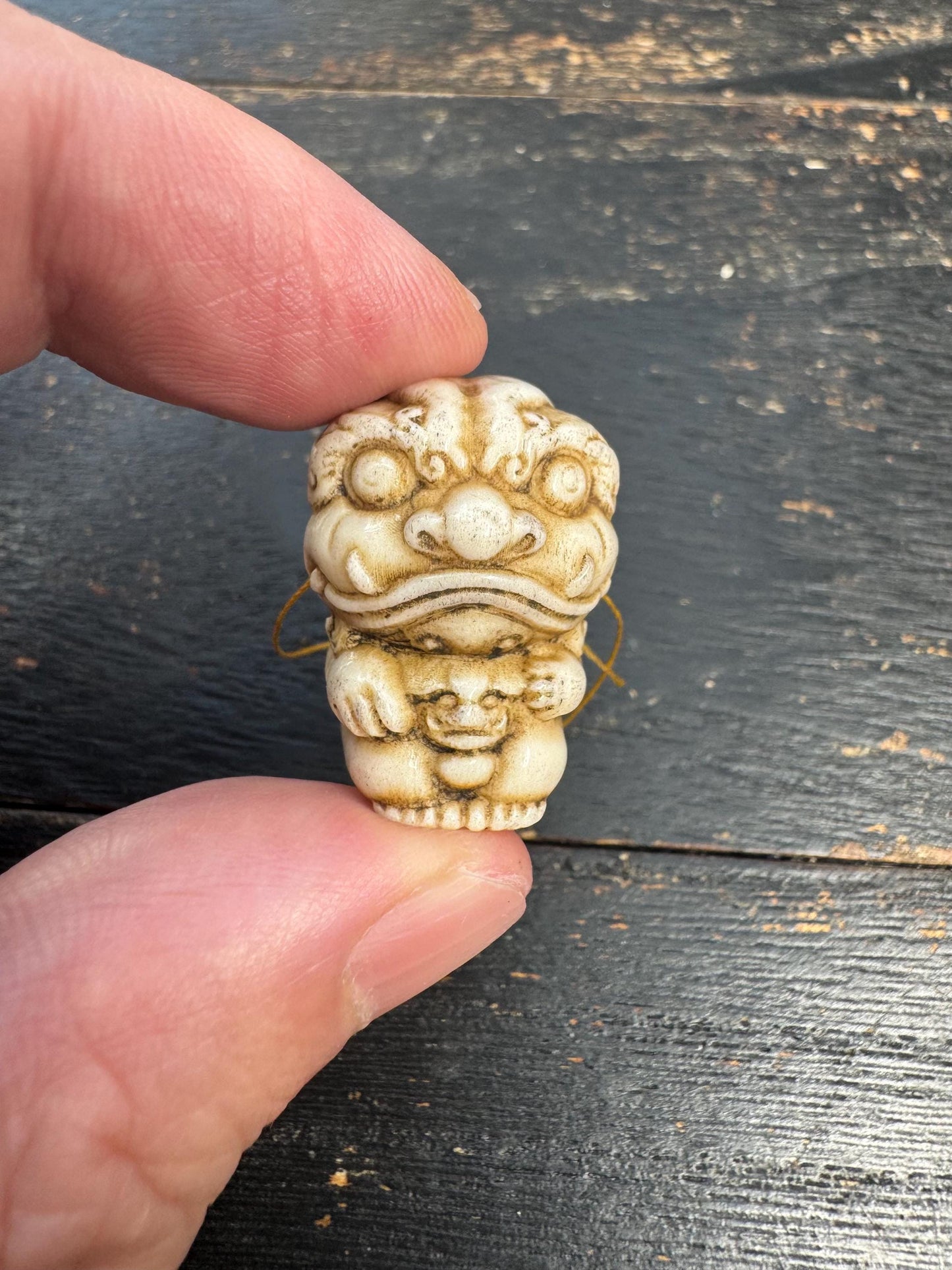 Hand Carved Deer Antler Foo Dog Pendant | Chinese Guardian Lion Shishi | Protection Amulet Necklace Bead