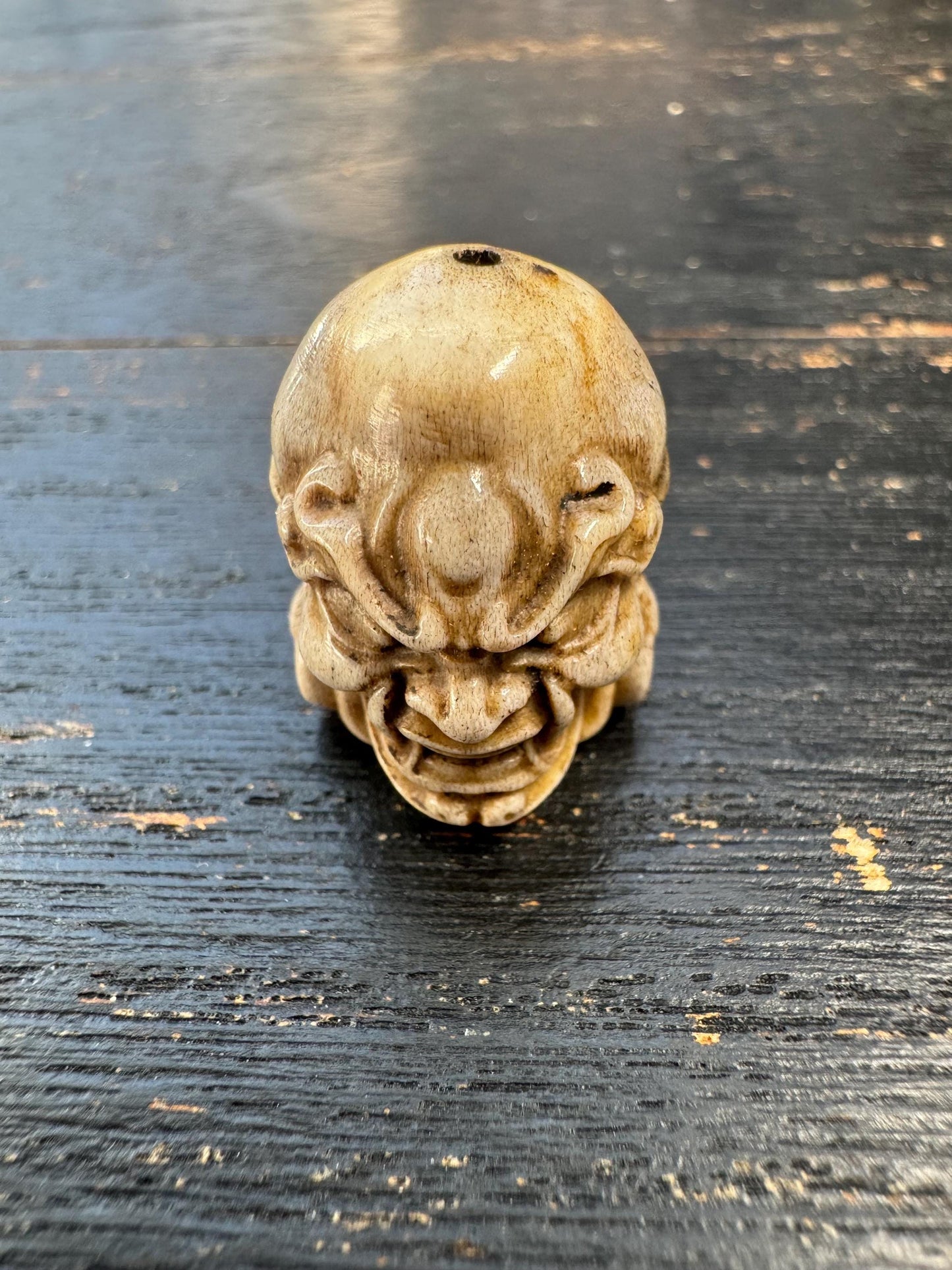 Deer Antler Wrathful Protector Head Bead – Tibetan Style Dharmapala Spacer – Hand Carved Skull Guardian Mala Bead