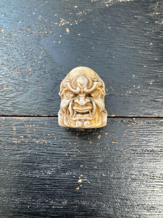 Deer Antler Wrathful Protector Head Bead – Tibetan Style Dharmapala Spacer – Hand Carved Skull Guardian Mala Bead