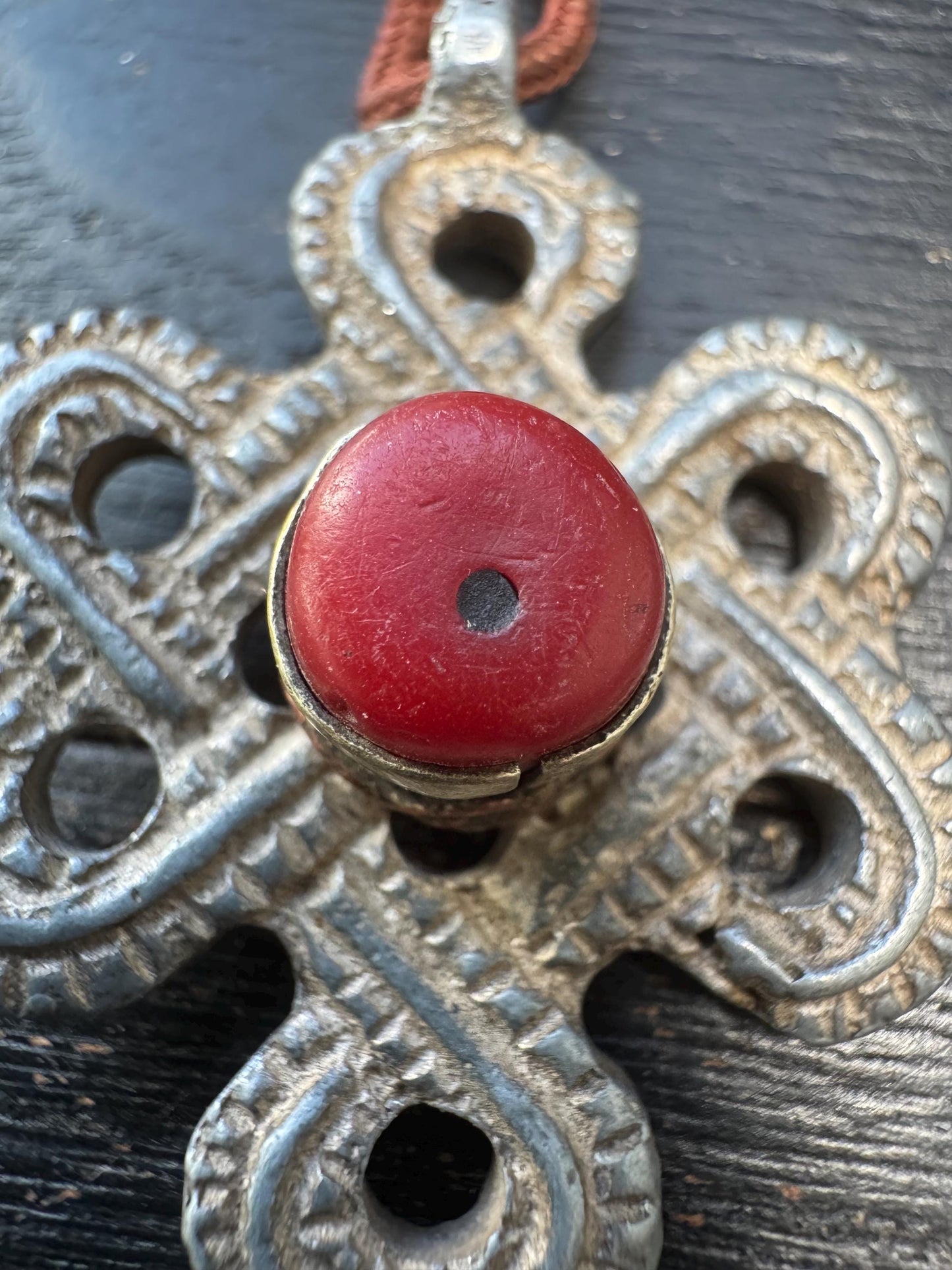 Tibetan Endless Knot Pendant White Copper Coral Inlay | Eternal Knot Amulet Hook | Nepalese Buddhist Protection Charm Car Hanging