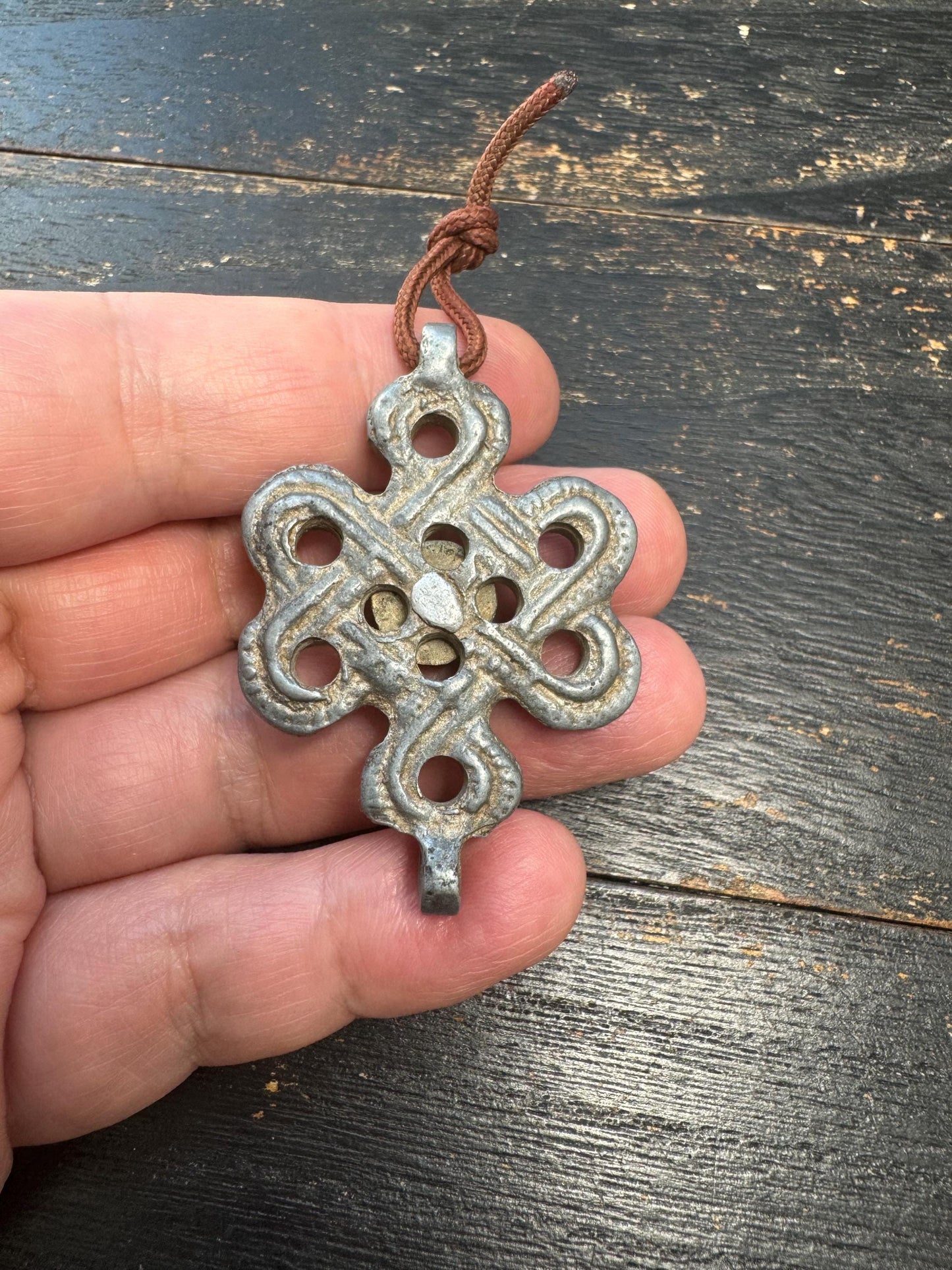 Tibetan Endless Knot Pendant White Copper Coral Inlay | Eternal Knot Amulet Hook | Nepalese Buddhist Protection Charm Car Hanging