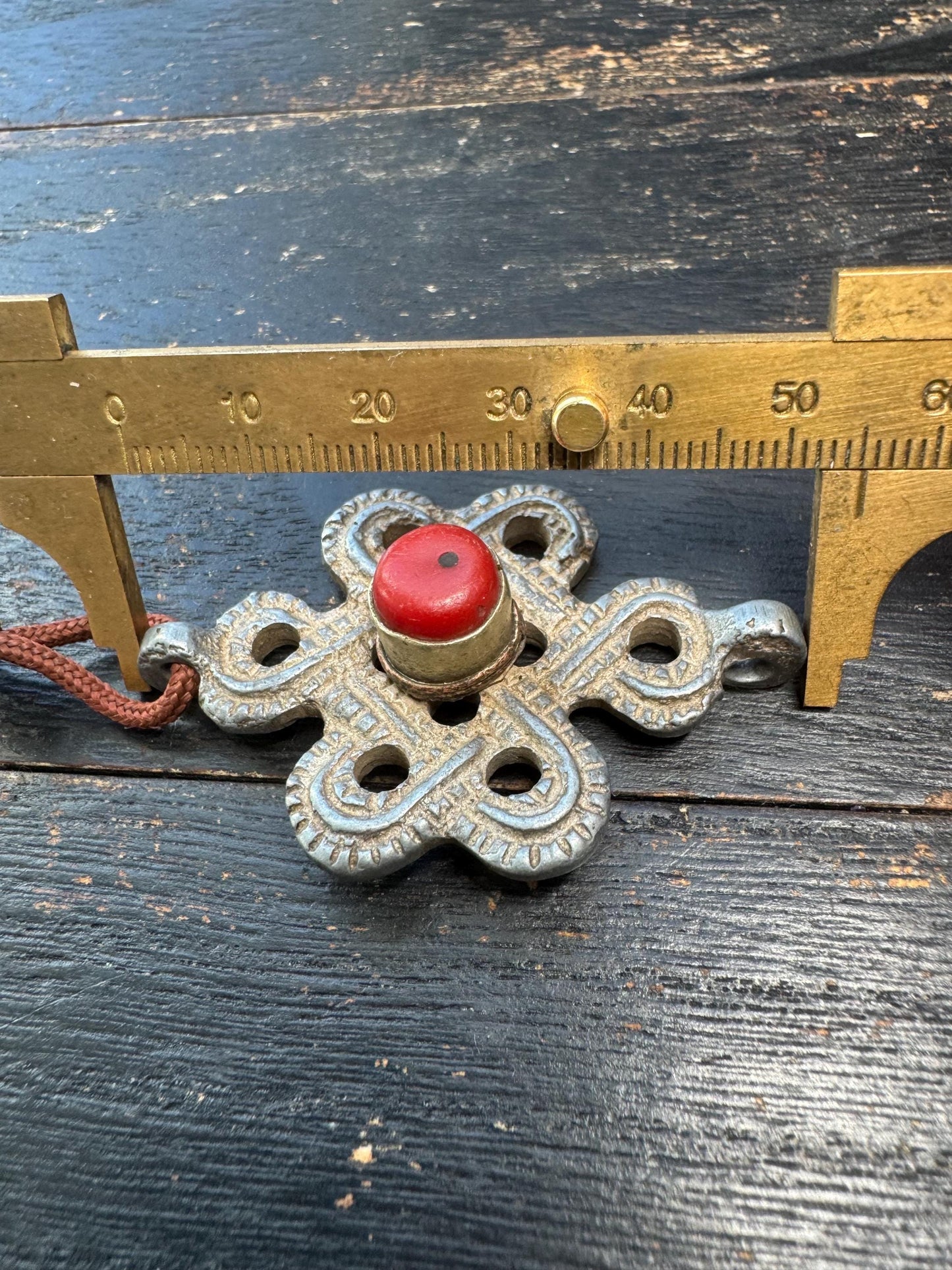 Tibetan Endless Knot Pendant White Copper Coral Inlay | Eternal Knot Amulet Hook | Nepalese Buddhist Protection Charm Car Hanging