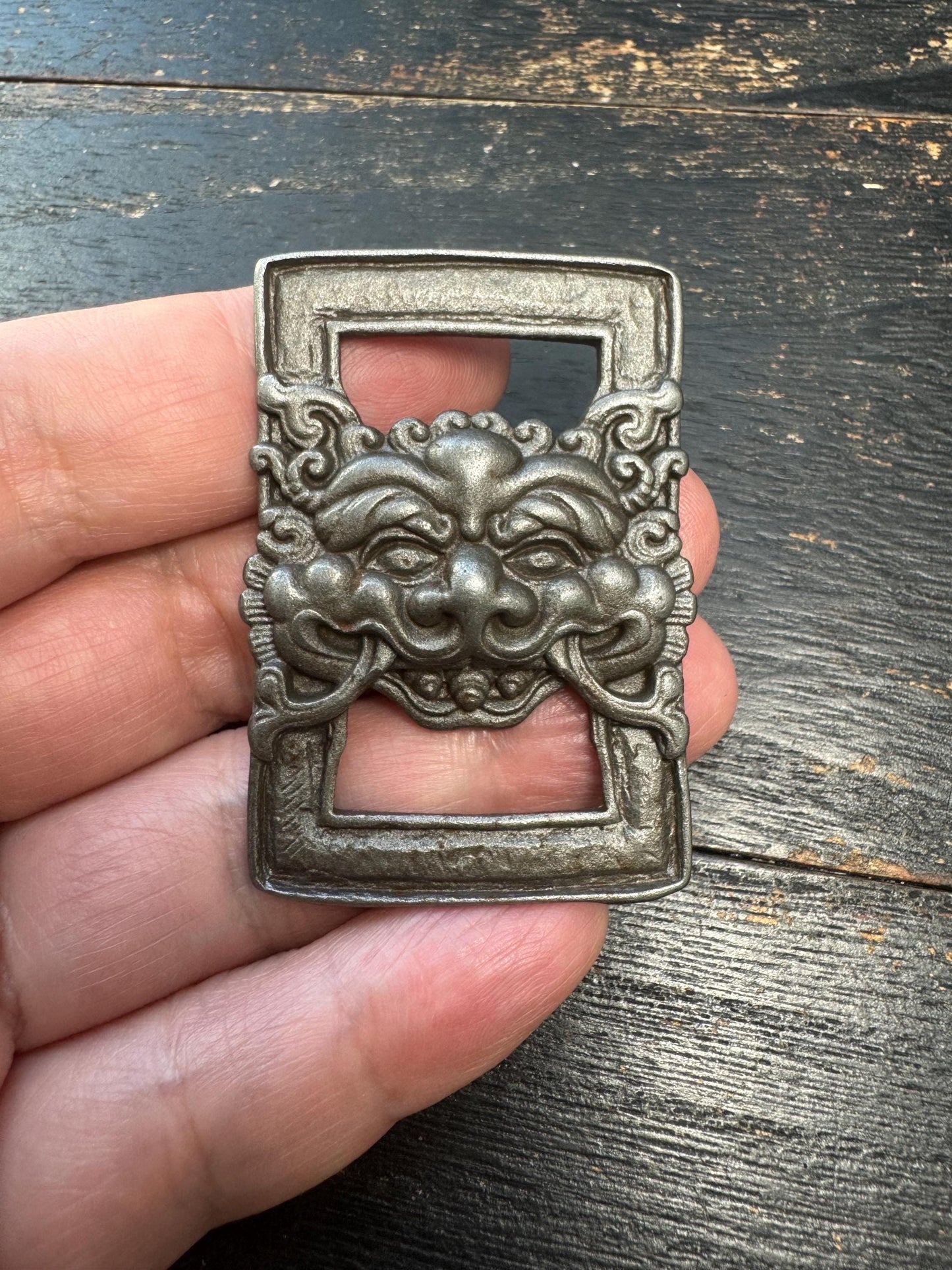 Antique Iron Tibetan Sutra Book Clasp, Temple Guardian Face Protector, Buddhist Scripture Buckle, Himalayan Ritual Amulet