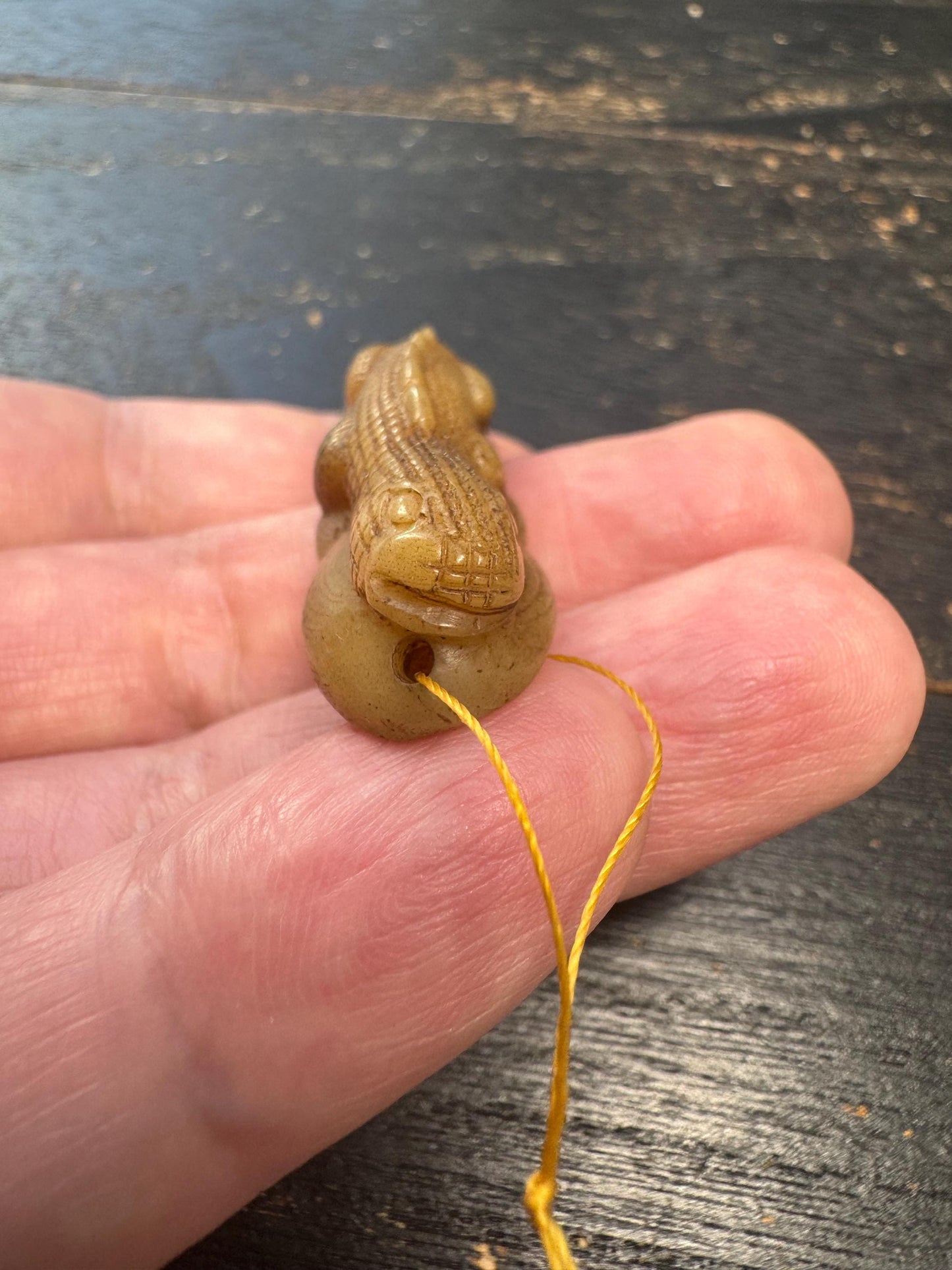Hand-Carved Yak Bone Gecko Coin Bead | Tibetan Wealth Gecko Amulet | Nepal Prosperity Mala Focal Pendant