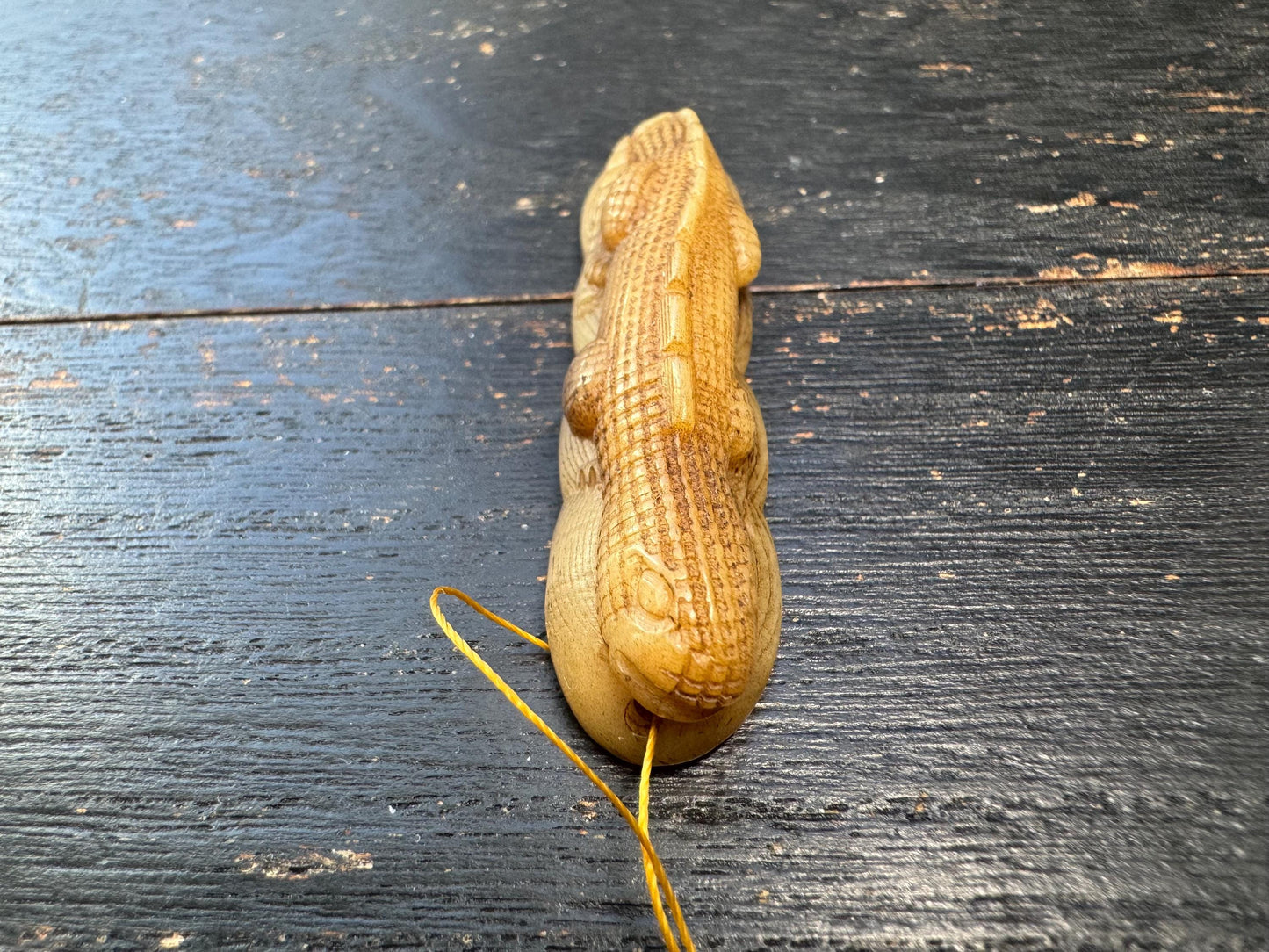 Hand-Carved Yak Bone Gecko Coin Bead | Tibetan Wealth Gecko Amulet | Nepal Prosperity Mala Focal Pendant