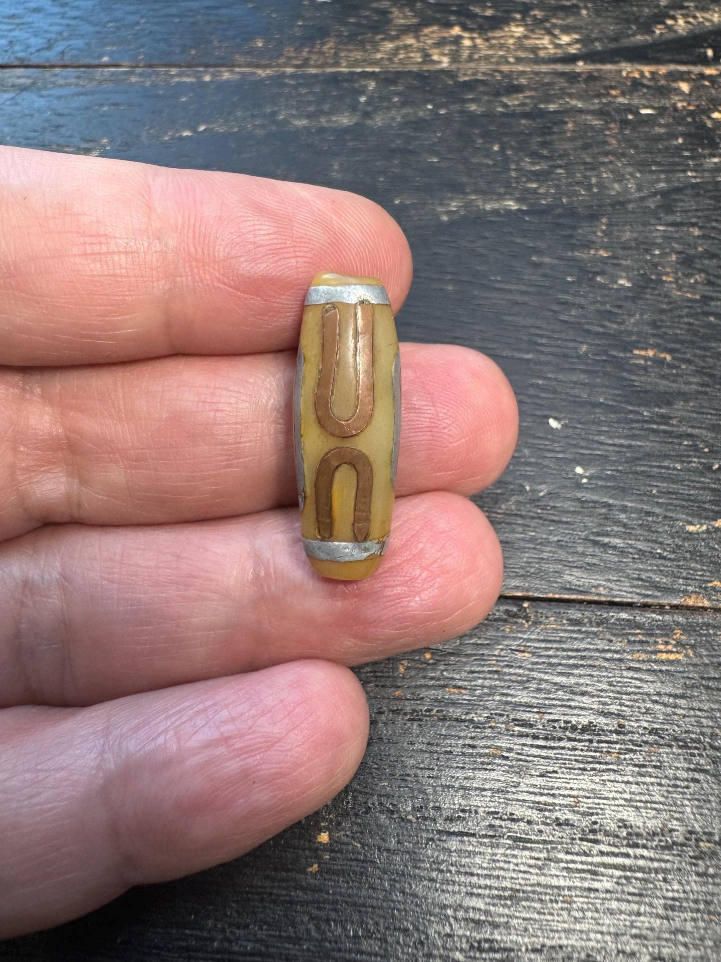 Tibetan Yak Bone Dzi Bead with Metal Inlay | Hand‑Carved Focal Amulet Bead from Nepal | Mala Necklace Pendant Supply