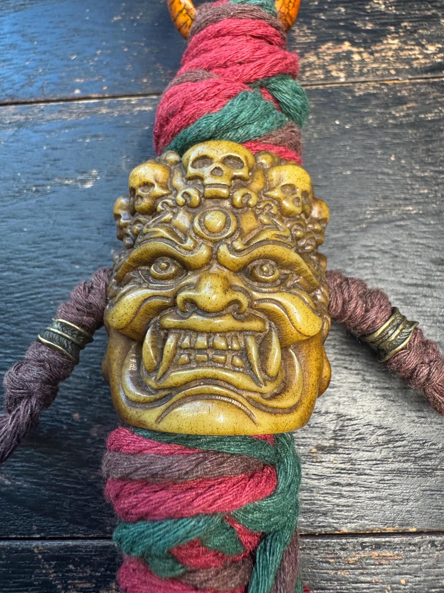 Hand Carved Yak Bone Wrathful Deity Pendant, Tibetan Nepal Protection Talisman, Large Spiritual Amulet with Braided Cord
