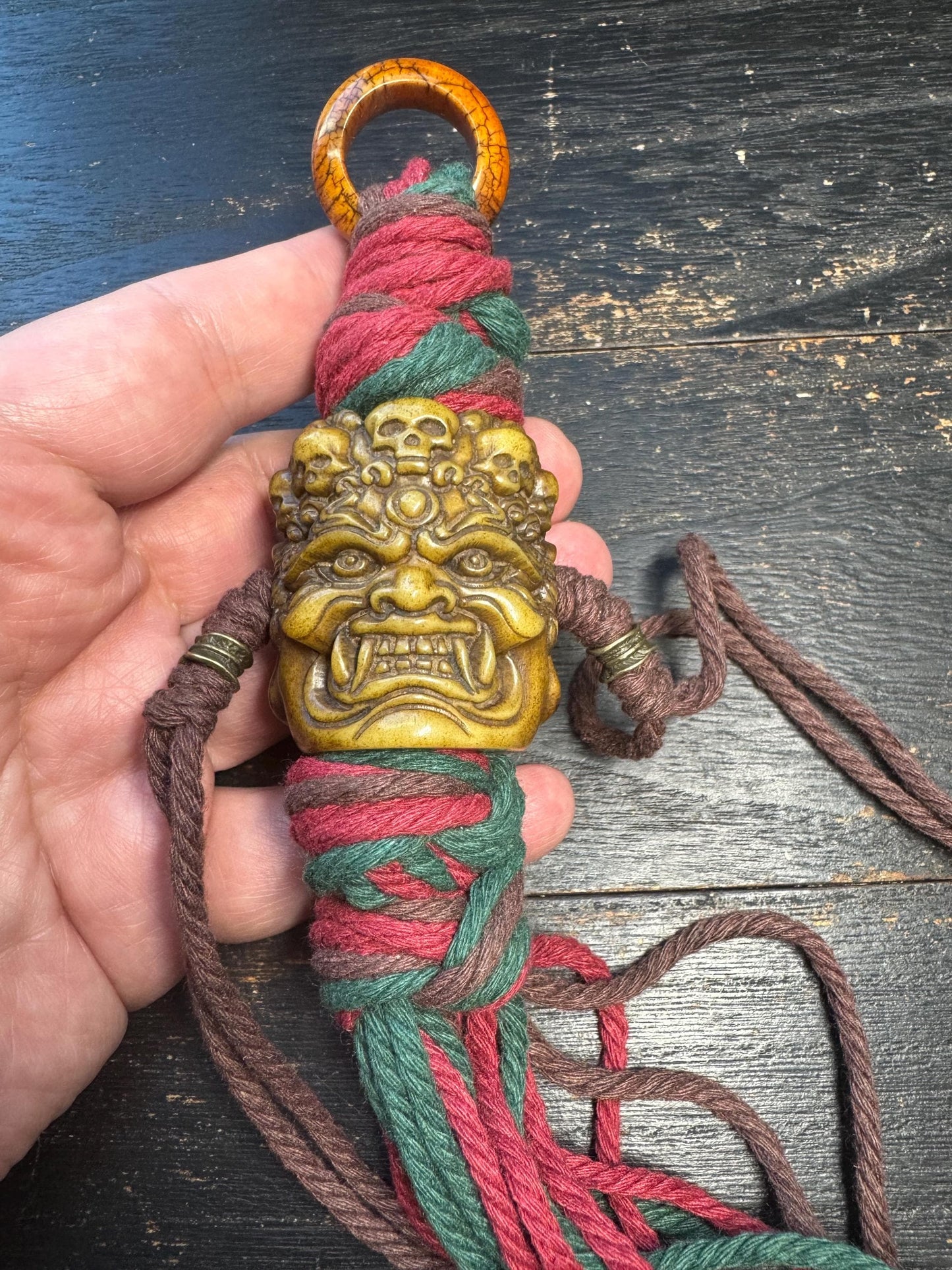Hand Carved Yak Bone Wrathful Deity Pendant, Tibetan Nepal Protection Talisman, Large Spiritual Amulet with Braided Cord